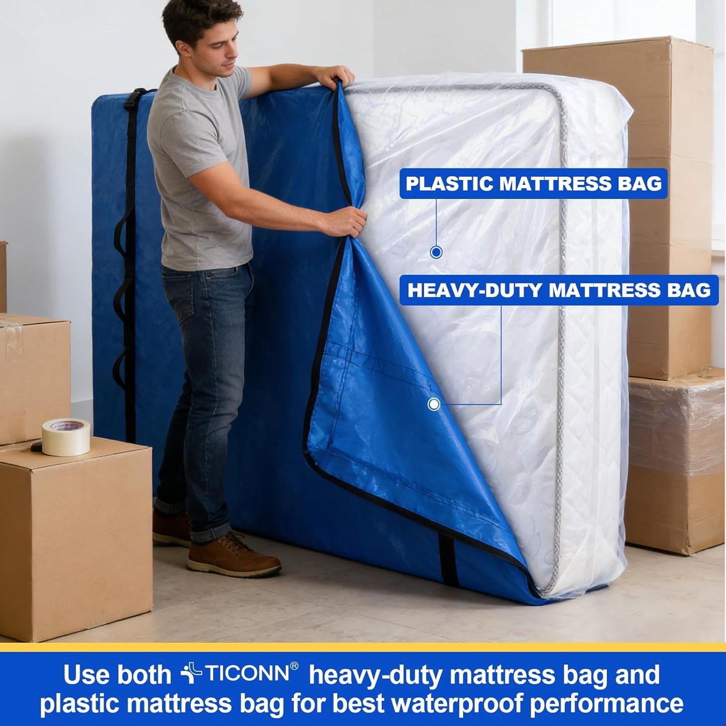 TICONN King Mattress Bag - Heavy Duty Storage Cover with Full-Around Handle & Adjustable Buckles | Blue