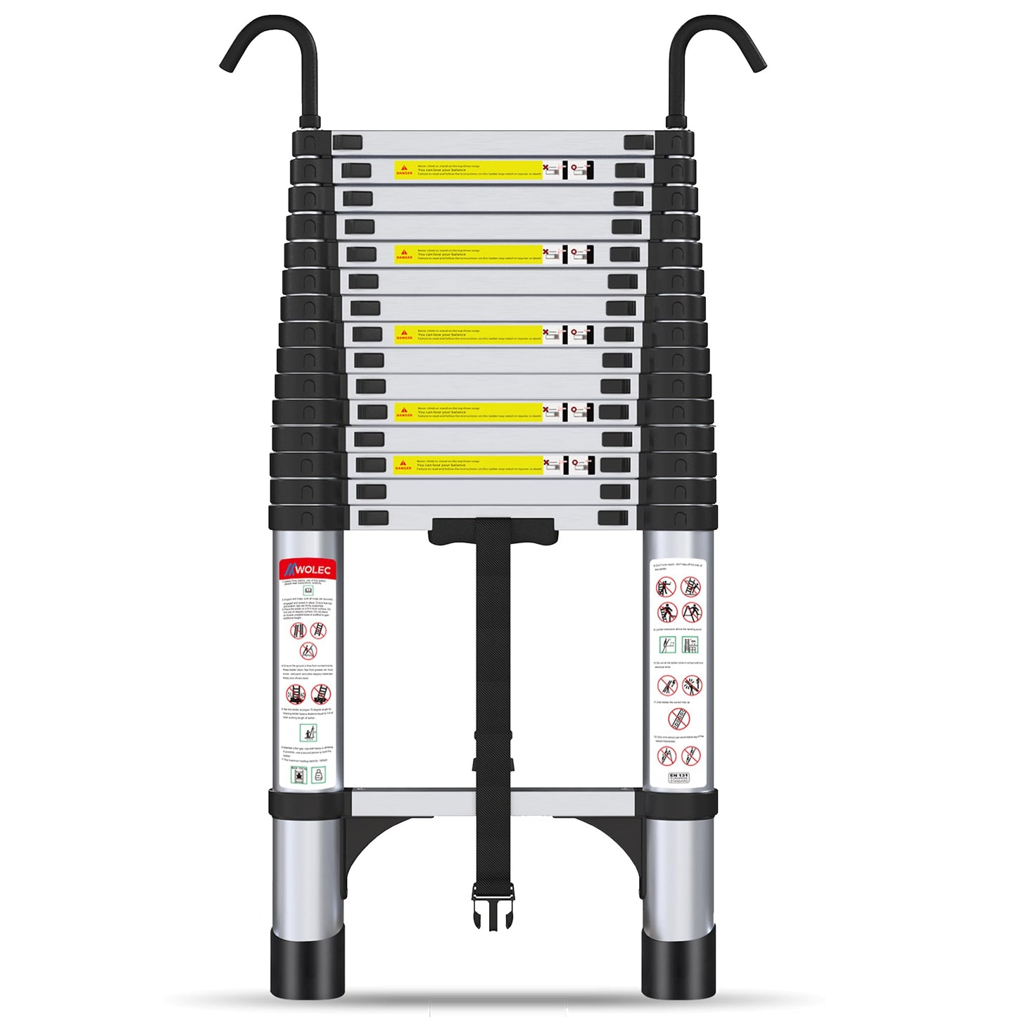 Wolec 14.5 ft Aluminum Telescoping Ladder, 330 lb Load, Hooks, Portable Collapsible Ladder for Home & Work,Silver