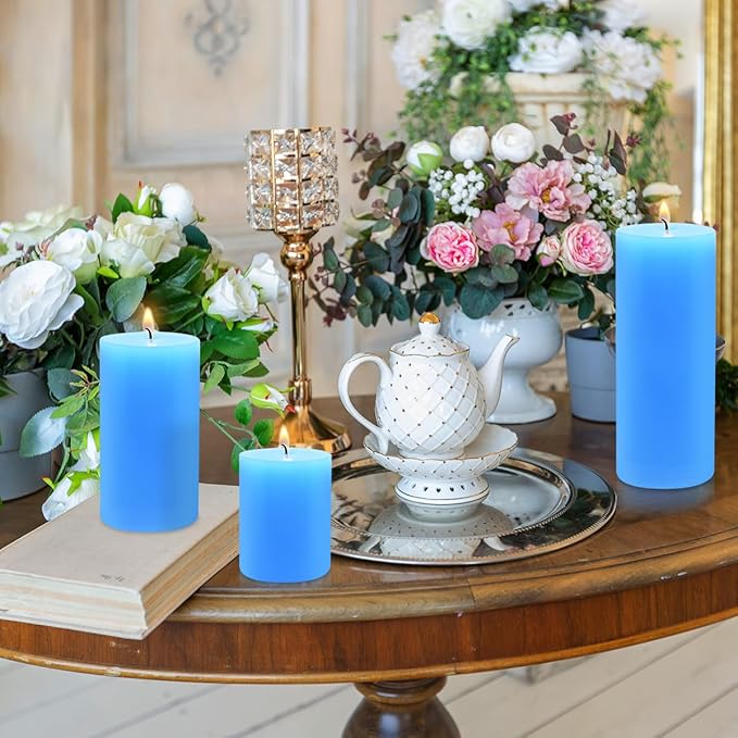 Blue Pillar Candles Set of 3 - Dripless Unscented - 3x4, 3x6 & 3x8 inches Decorative Candles for Home Decor & Table Centerpieces