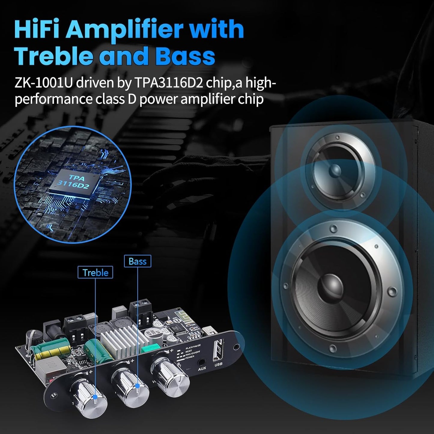 ZK-1001U 5.3 100W 9-24V Amp Bluetooth Mono Amplifier Board with TWS, Mini Audio Amps with Boost for Home Outdoor DIY
