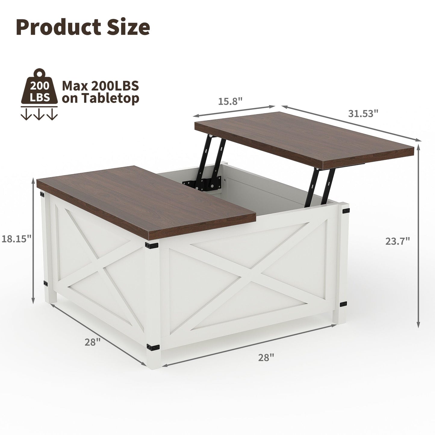 GarveeHome Hydraulic Lift Top Coffee Table with Hidden Storage, Farmhouse Industrial Style Accent Table, Sturdy Wood & Metal Construction, Safe Lift Mechanism, for Living Room Office