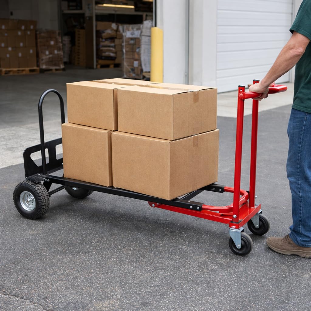 Nebicals Red Convertible Hand Truck Dolly Cart with 4 Wheels Heavy Duty,1000 Lbs Capacity, 2 Straps for Moving Furniture/Appliance/Carton/Warehouse/Office/Easy to Follow Video to Install