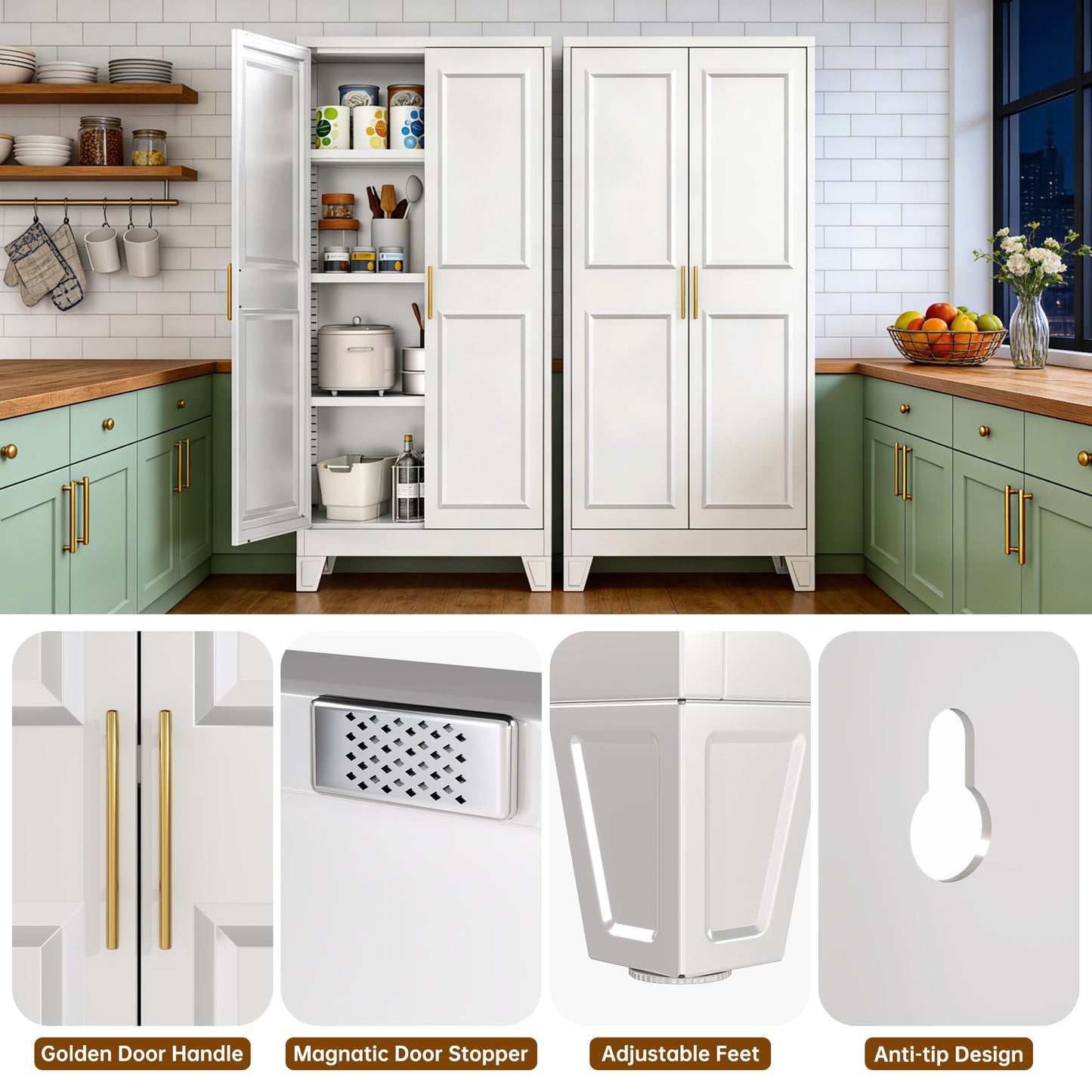 GangMei 61.4" H Metal Kitchen Pantry Cabinet with 4 Adjustable Shelf, White Pantry Cabinet with 2 Doors,Freestanding Food Cabinet for Kitchen,Home,Required Assembly