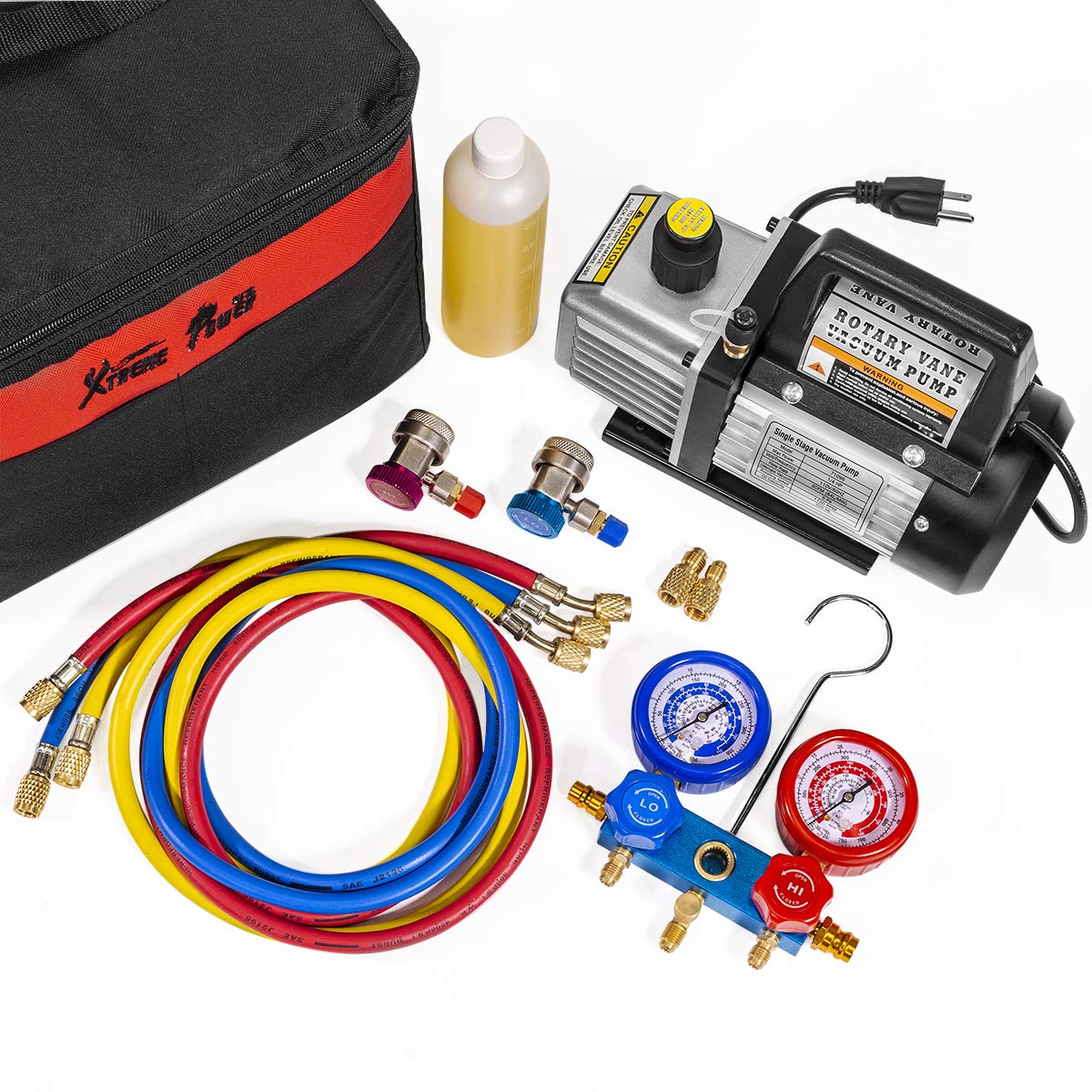 XtremepowerUS 3CFM 1/4HP Vacuum Pump HVAC R134a, R12, R22, R410a, A/C Refrigeration R134 Can Tap Adapter, R134 Quick Connector AC Manifold Gauge Air Conditioner Oil Bottle w/Bag