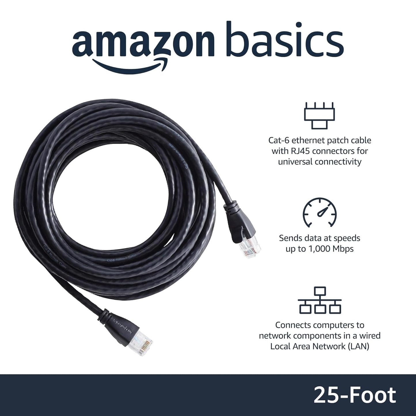 RJ45 Cat-6 1Gbps 25 ft/7.6m, Amazon Basics Ethernet Network Cable for Fast Gaming, Transfer Speed, Gigabit Ethernet