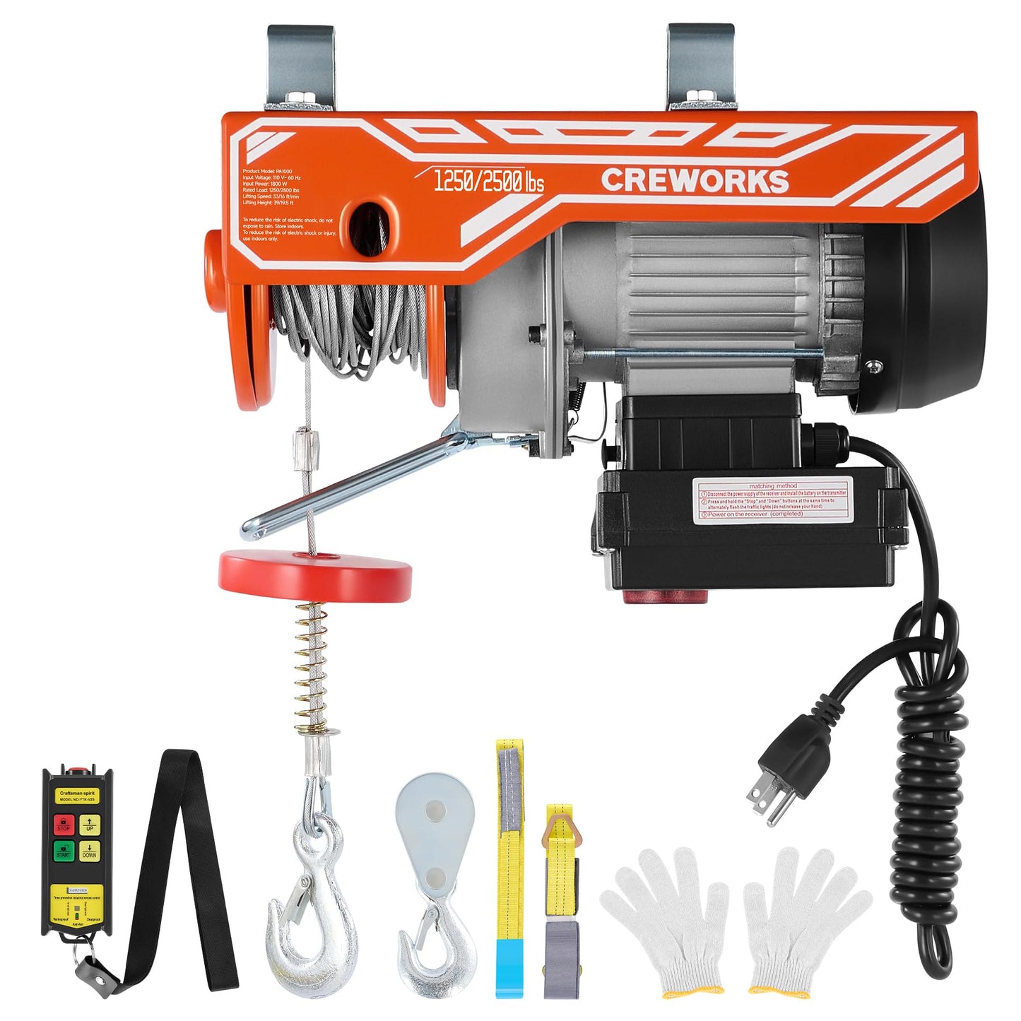 CREWORKS Electric Hoist, 2500lbs Electric Hoist with 328ft Wireless Remote Control 39ft Single Cable Lifting Height, 1800W Single Double Slings Hoist Lift Ceiling Winch for Factory Warehouse Garage