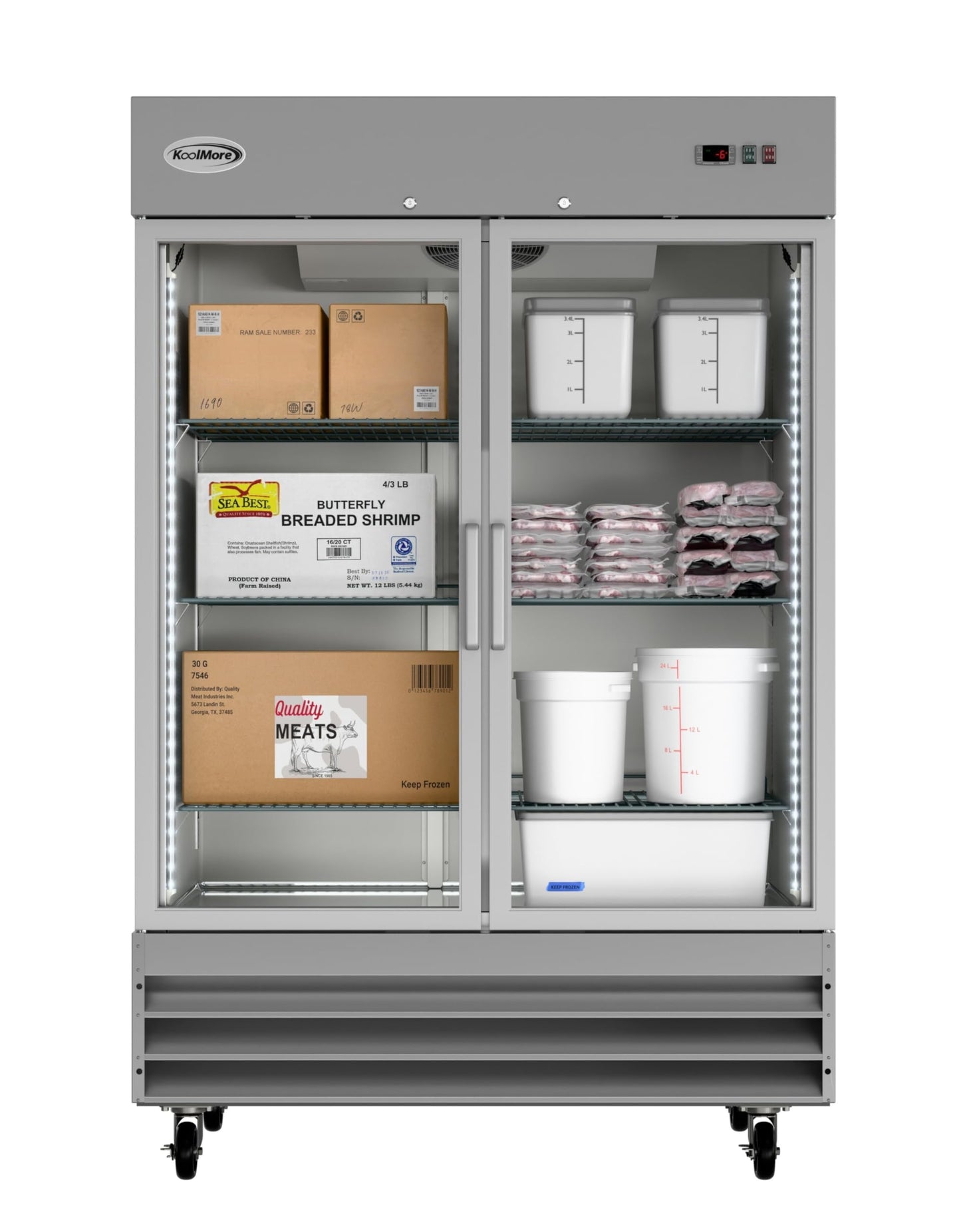 KoolMore Commercial Stainless-Steel Upright Freezer with Reach-In Self-Close Glass Doors, 6 Storage Shelves, Heavy-Duty Caster Wheels, Frost-Free Temperature Control - 47 Cu.Ft [Silver] (RIF-2D-GD)