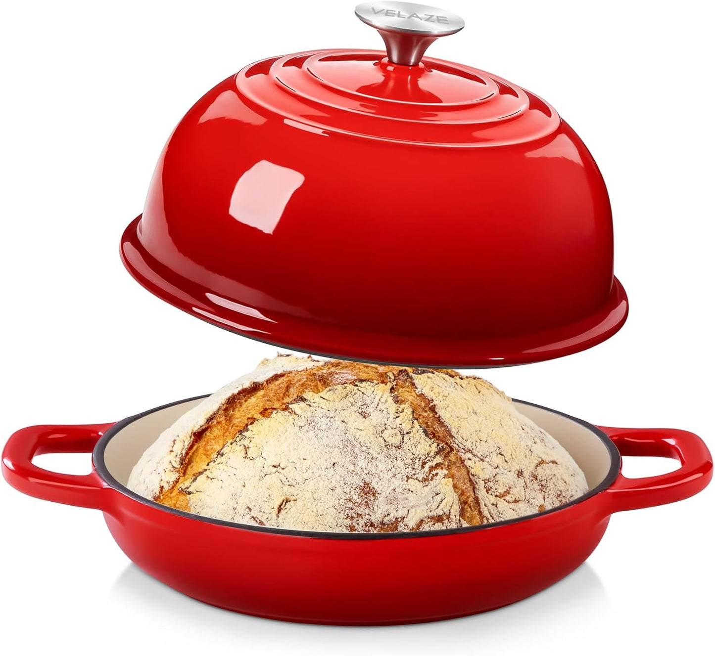 Velaze Enameled Cast Iron Dutch Oven - 5 QT Round Bread Pot with Dome Lid for Sourdough & Roasting (Red)