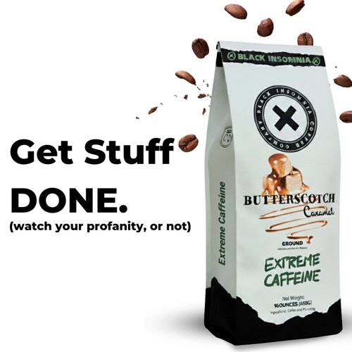Black Insomnia Extreme Caffeine Coffee - World's Strongest Highly Caffeinated Coffee - Butterscotch Caramel Flavored, Classic Roast, Ground - 1lb