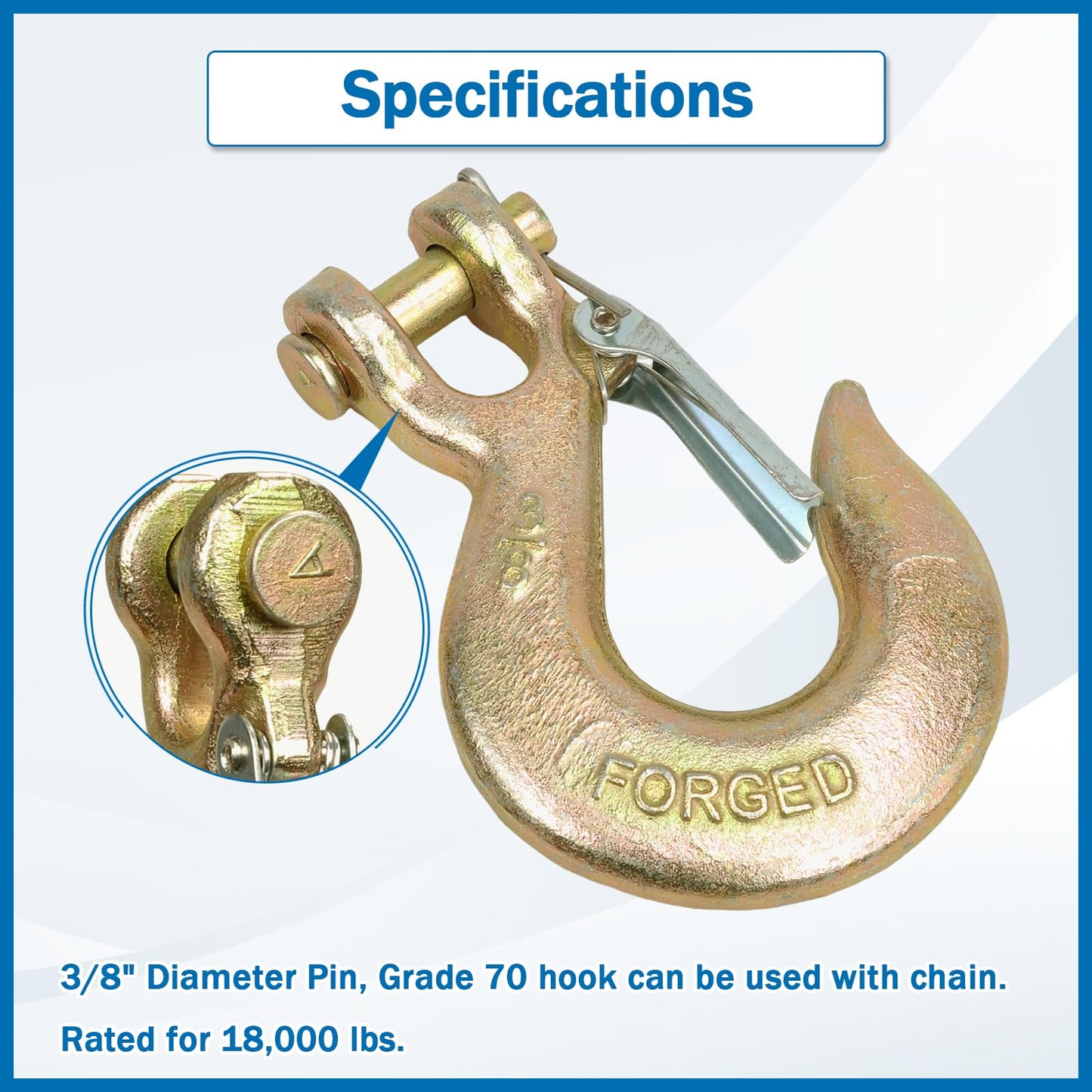 TBAPFS 2 Pack 3/8" Inch Clevis Grab Hooks G70 Steel Chain Slip Hook with Safety Latch 18000 Lbs Capacity Working with Towing and Chain