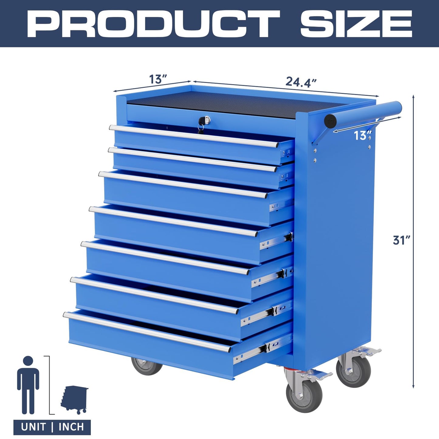 Gymplis 7-Drawer Tool Chest,Rolling Tool Cart with Wheels,High Capacity Tool Cabinet with Locking System for Garage, Warehouse, Workshop-Blue