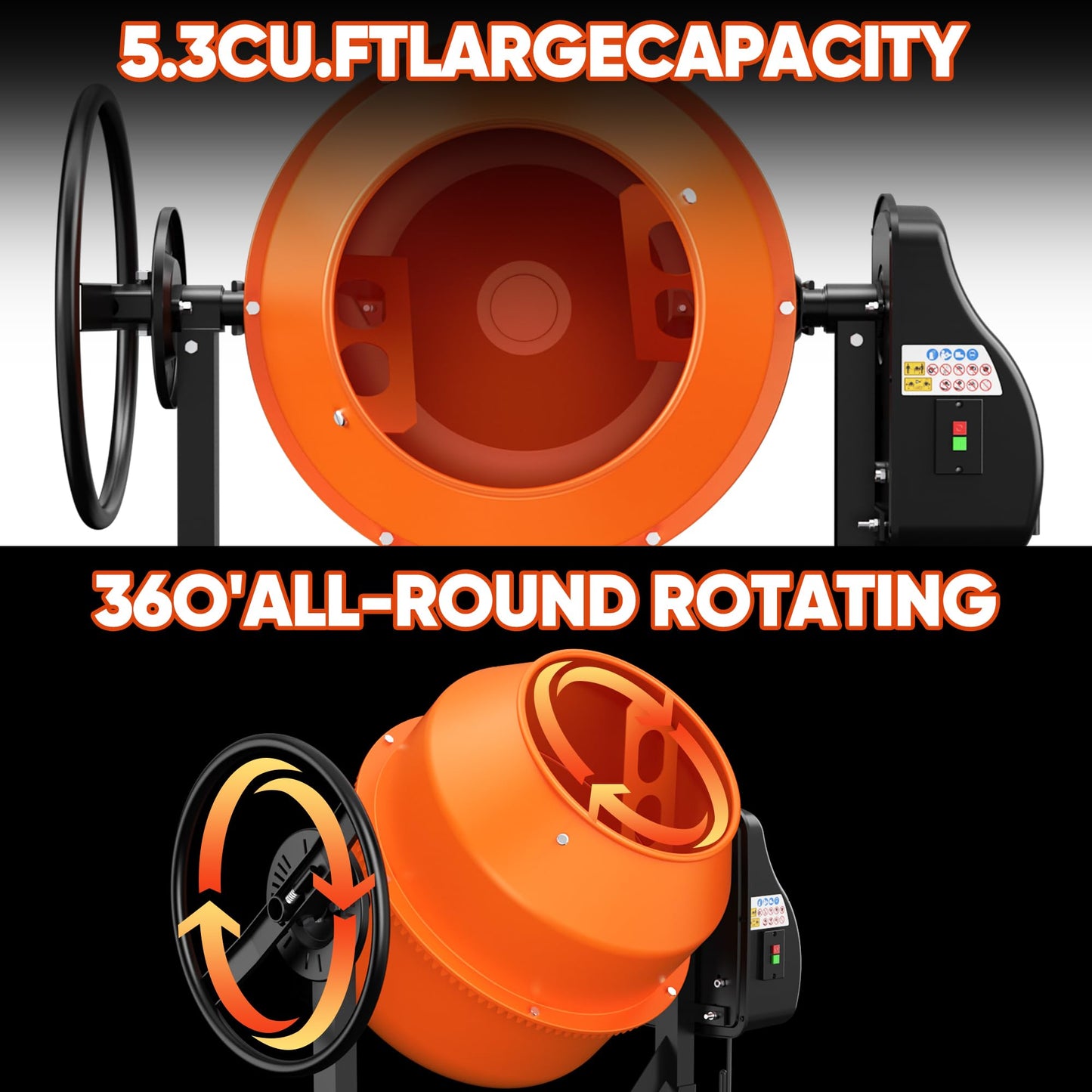 Concrete Mixer Machine 5.3 Cu.Ft. – 750W 1HP Heavy Duty Portable Industrial Cement Mixing Machine with Wheel & Stand for Stucco, Mortar, Seeds, Orange