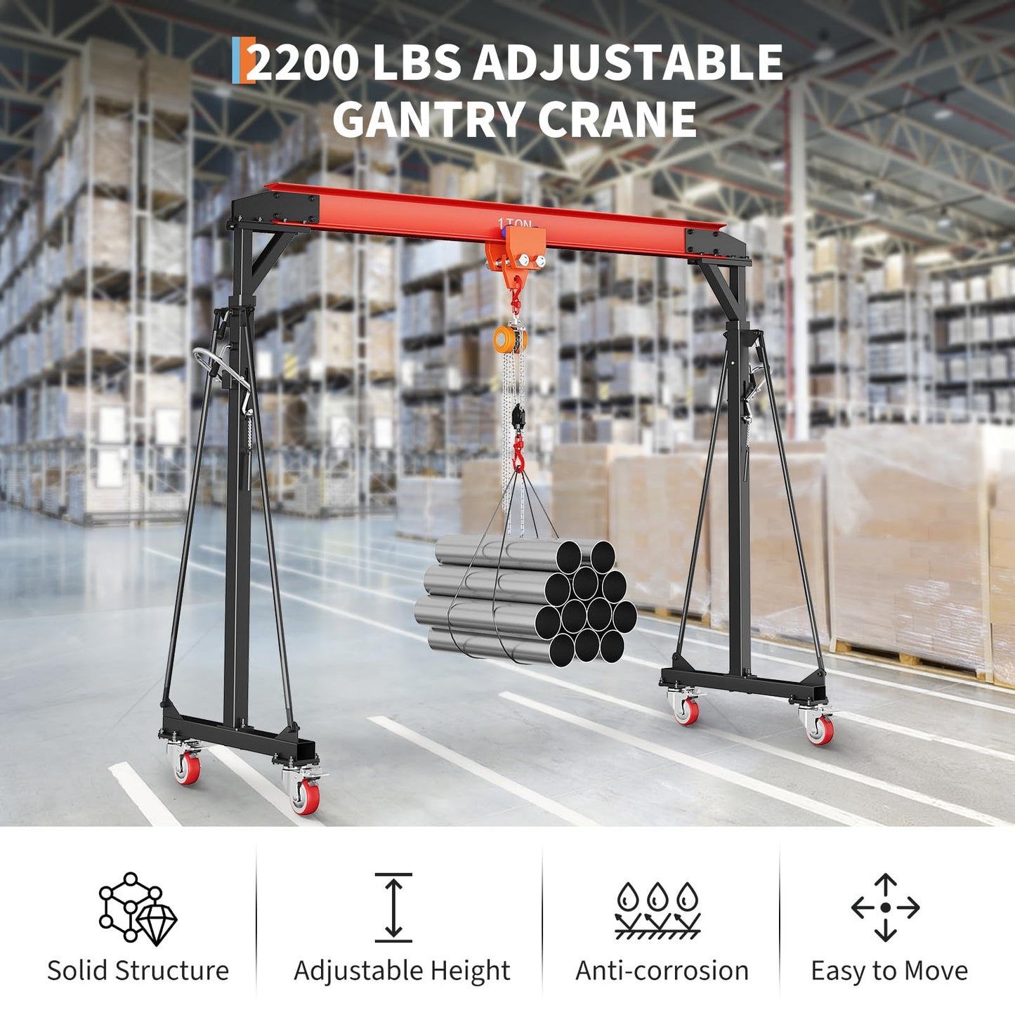 1 Ton Gantry Crane, 2200 LBS Adjustable Gantry Crane with 8-12 ft Height, Shop Lift Hoist with Manual Trolley, Hook & Shackles for Warehouse, Factory