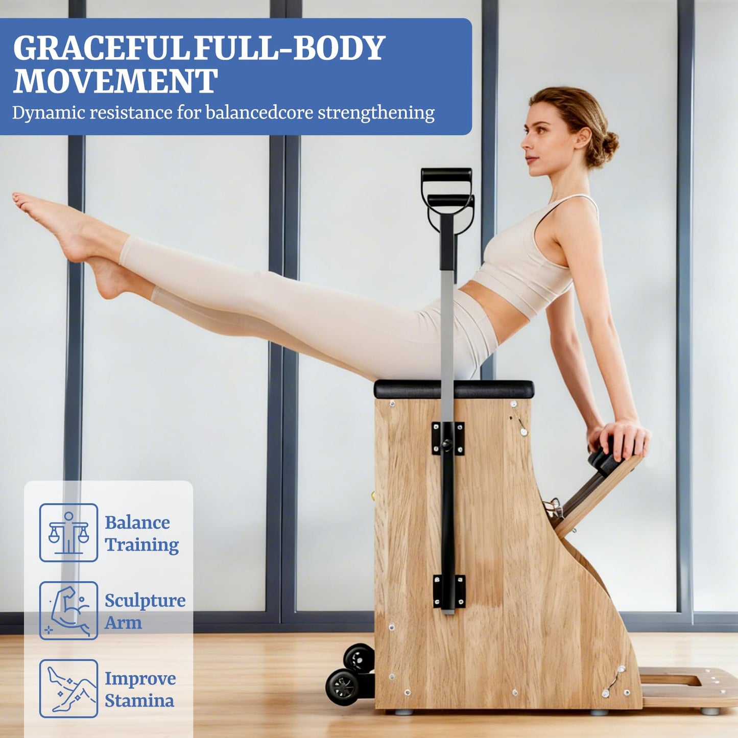 Pilates Chair Wunda Chair Pilates Combo Chair with Handles Split Pedals Reformer Machine for Yoga Core Training Rehabilitation Includes Non-Slip Socks (Wood Panel Bracket)