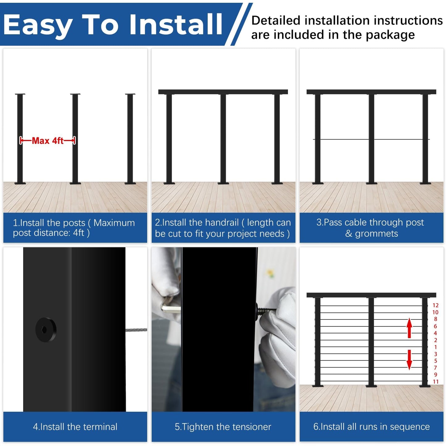 Zylorix 42" 8ft-12ft T304 Stainless Steel Swage Cable Railing Post Kit with Handrail Cuttable, Matte Black Level Cable Railing System with 1/8" Cable Railing Hardware for Outdoors Decks(Not Coastal)