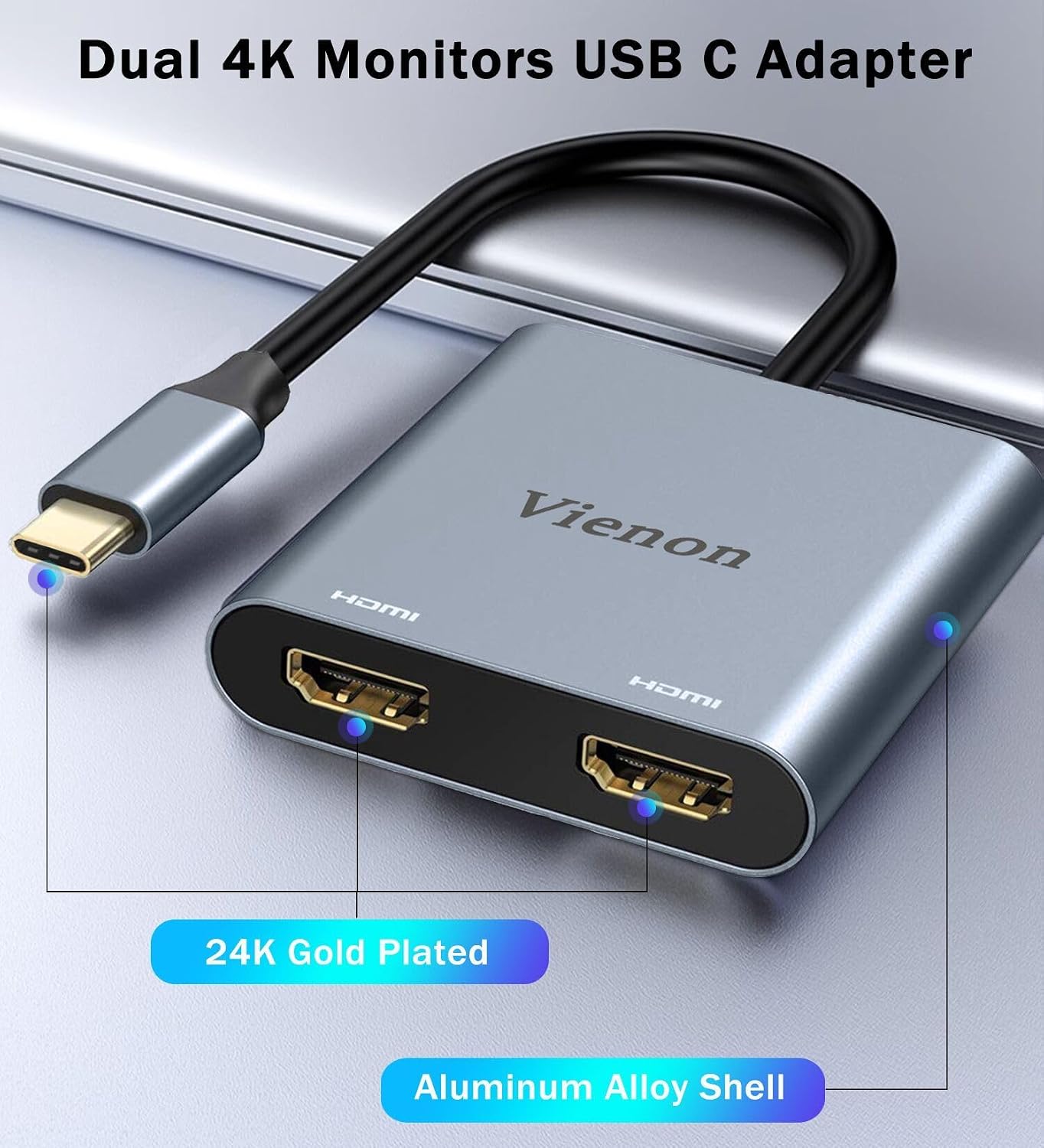 vienon 4K@60HZ, 3.0, 100W 3/4 USB C to Dual HDMI Adapter USB C Hub HDMI Adapter for Dual Monitors with USB-A PD