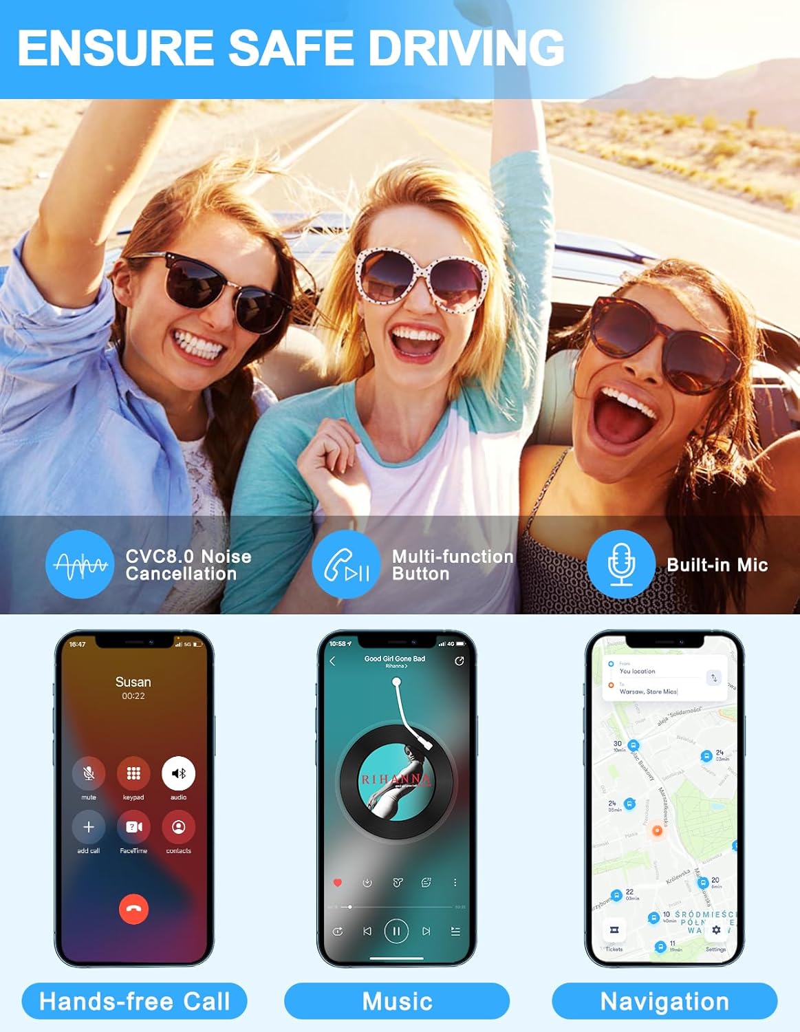 COMSOON 16H Bluetooth AUX Adapter for Car, Noise Reduction Bluetooth Receiver for Music/Hands-Free Calls, Wireless