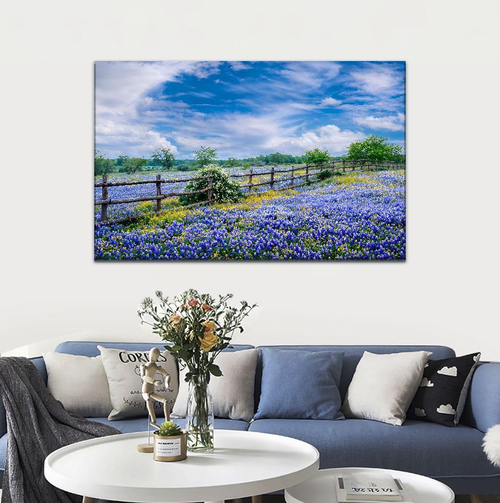Large Framed Wall Art Ready to Hang 20" x 40" clouds over texas bluebonnets landscape stock pictures royalty free Canvas Print Artwork Wall Art Painting Pictures Home Office Wall Décor Modern Poster