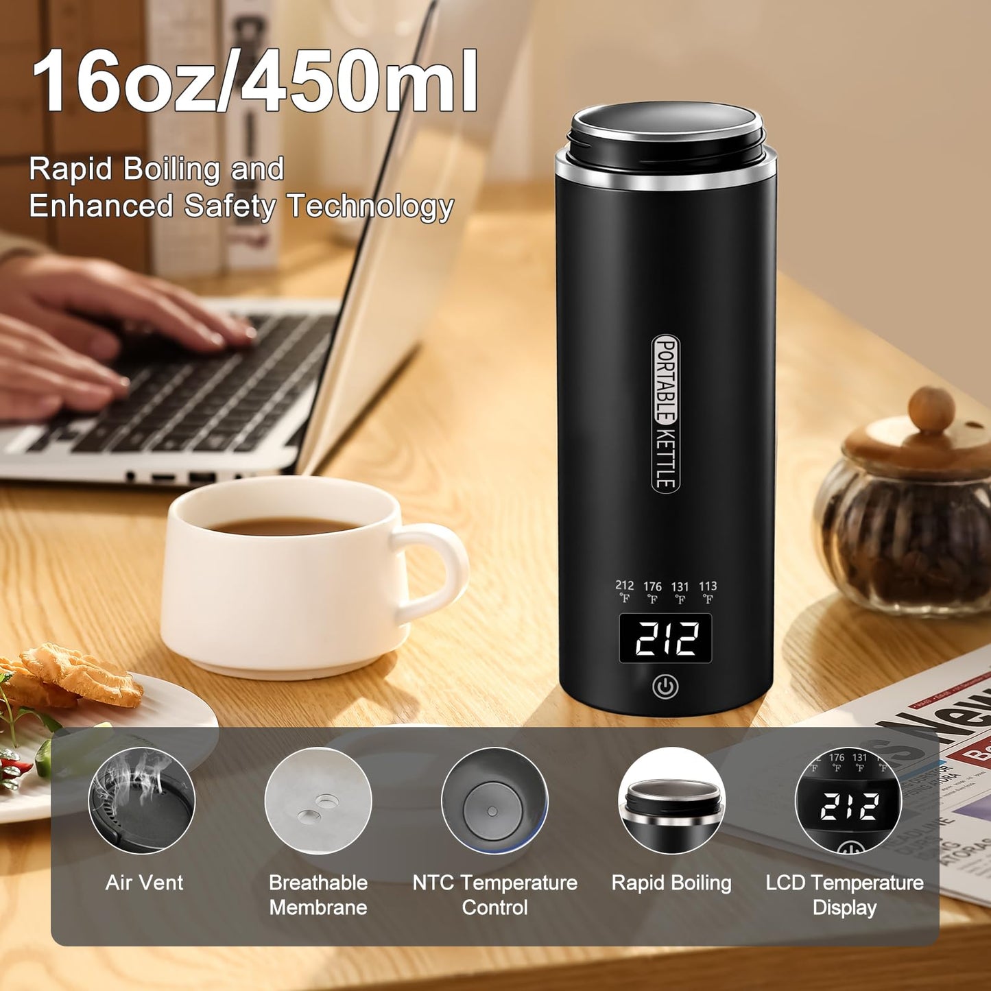 Travel Kettle, Portable Electric Kettle with 4 Temperature Controls, 304 Stainless Steel with Auto Shut-off, Black(120V)
