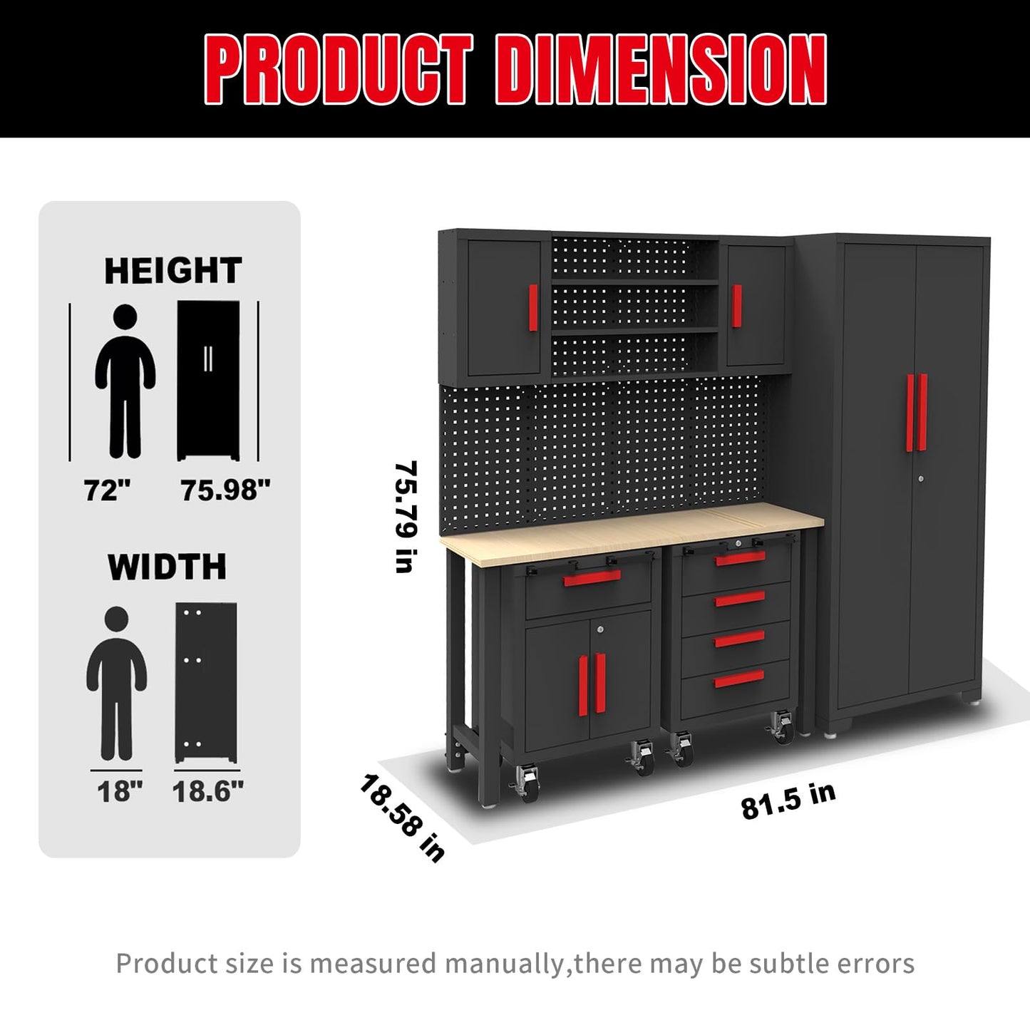 Torin Garage Storage Cabinets System, 6-Pcs Workshop Cabinet Set in Black, Included Steel Cabinets Drawers Rolling Chest and Pegboard,Locked Garage Storage Cabinet