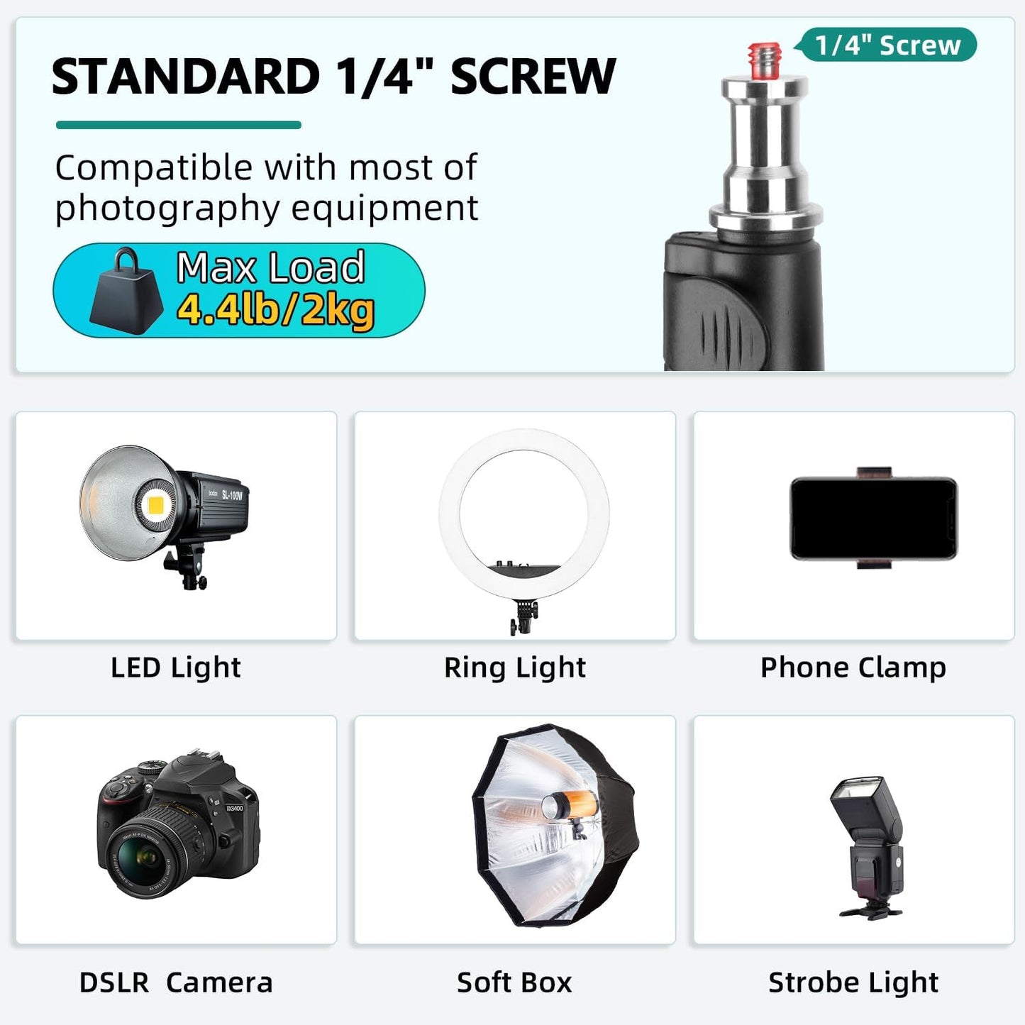JEBUTU 6.6ft/2m Extendable Photography Light Stand, Adjustable Aluminum Light Tripod Stand for Travel, Reversible