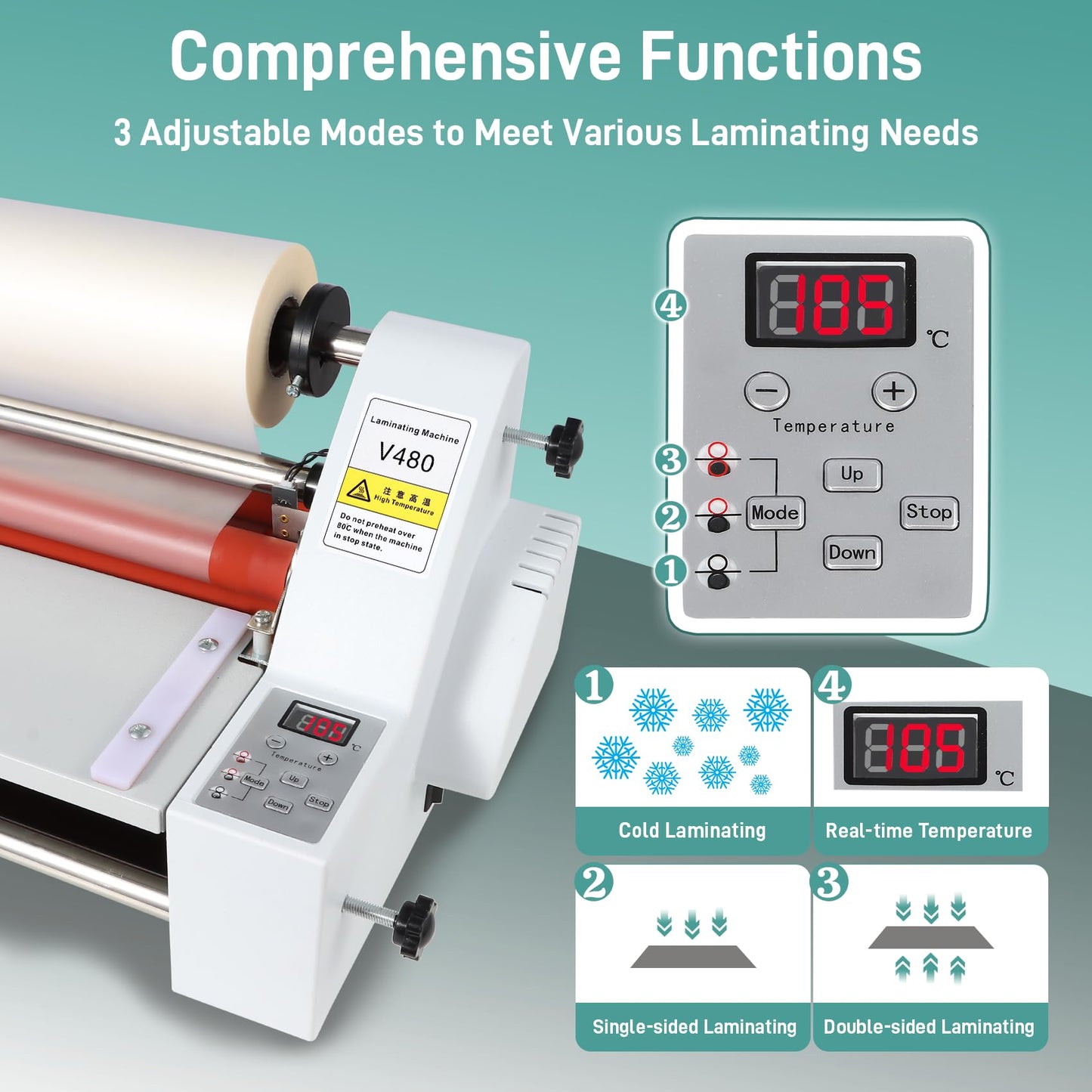 17.7inch Cold Hot Roll Laminator with 2 Rolls of Thermal Laminating Film (1 Inch Core, 0.8 mil,17.3in W×656ft L),V480 Laminating Machine, Single & Double-Sided Thermal Laminator,Digital Display, 110V