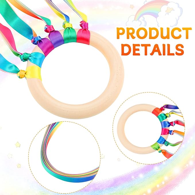 Junkin Ribbon Rings Hand Kite Waldorf Toys Dancing Wrist Ribbons Rainbow Streamers with Wood Ring Sensory Learning Educational Toy for Playroom Dancing Birthday Party Gift(Gradient,24 Pcs)