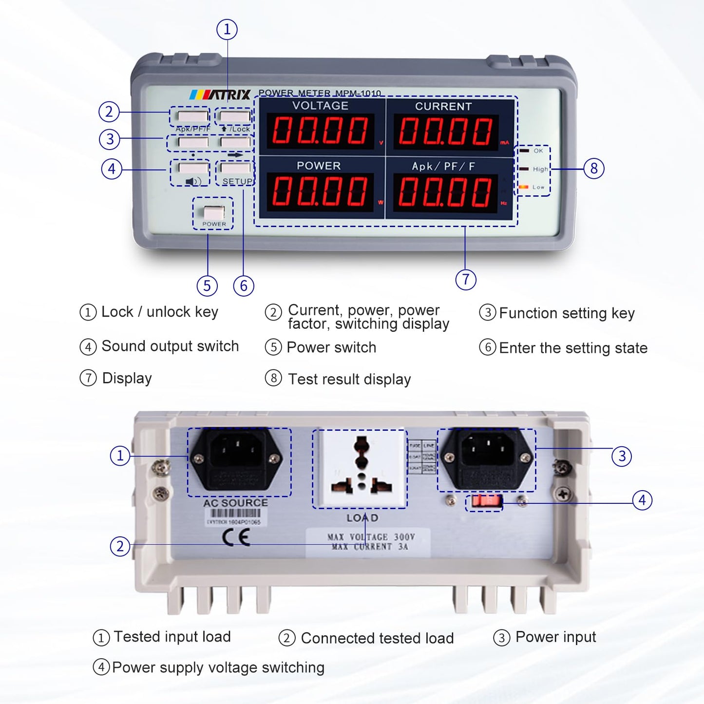 MATRIX MPM-1010 High Precision Bench Digital AC Power Meter - Voltage Current Power Factor and Frequency Meter with Upper and Lower Limit Set and Sound Light Alarm