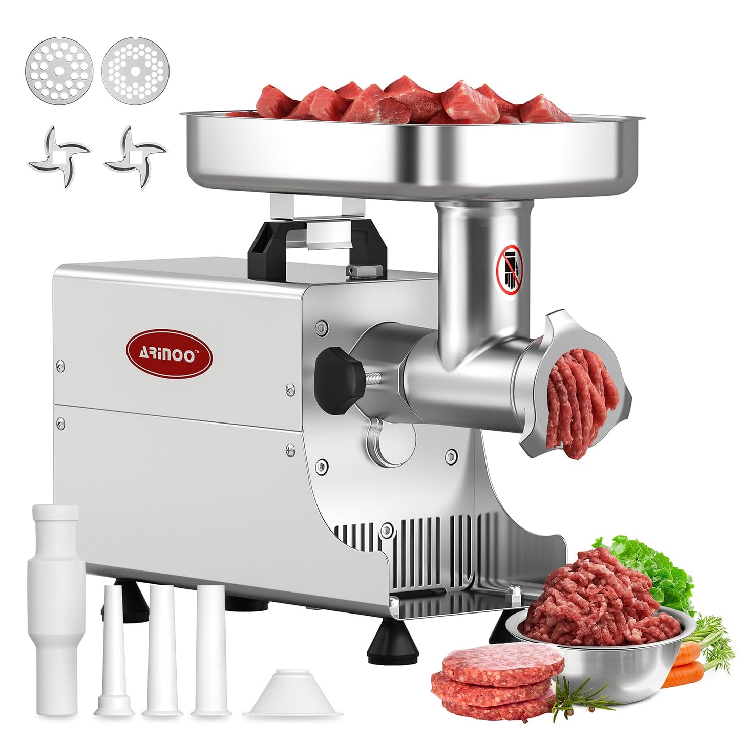 ARINOO Commercial Electric Meat Grinder #8, 0.6HP Heavy Duty Industrial Stainless Steel Meat Mincer with 2 Blades, 2 Plates & 3 Stuffing Tubes,Meat Grinder Machine for Home Kitchen & Restaurant Use