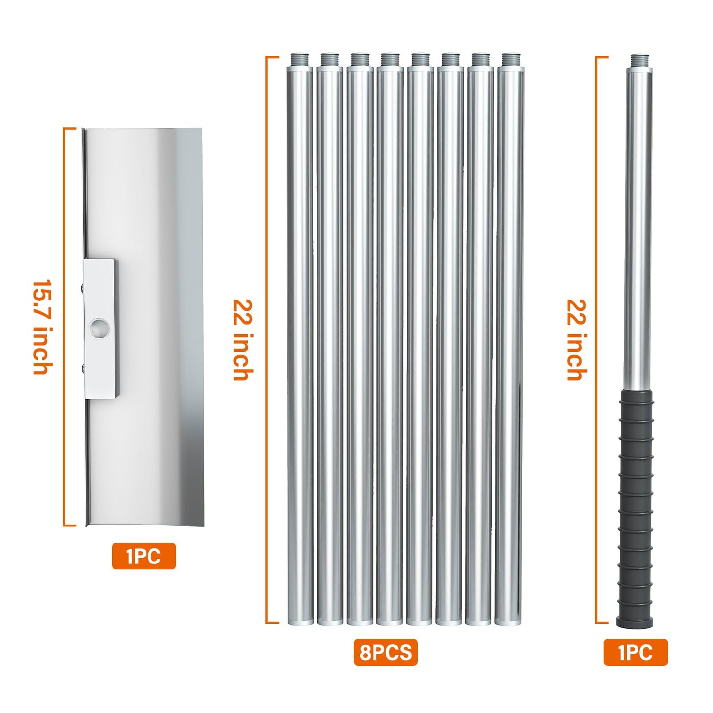 Stainless Steel Roof Rake: 2-16.5 FT Extendable, All-Stainless Construction (Head & Pole), Heavy-Duty & Durable,, Anti-Slip Grip