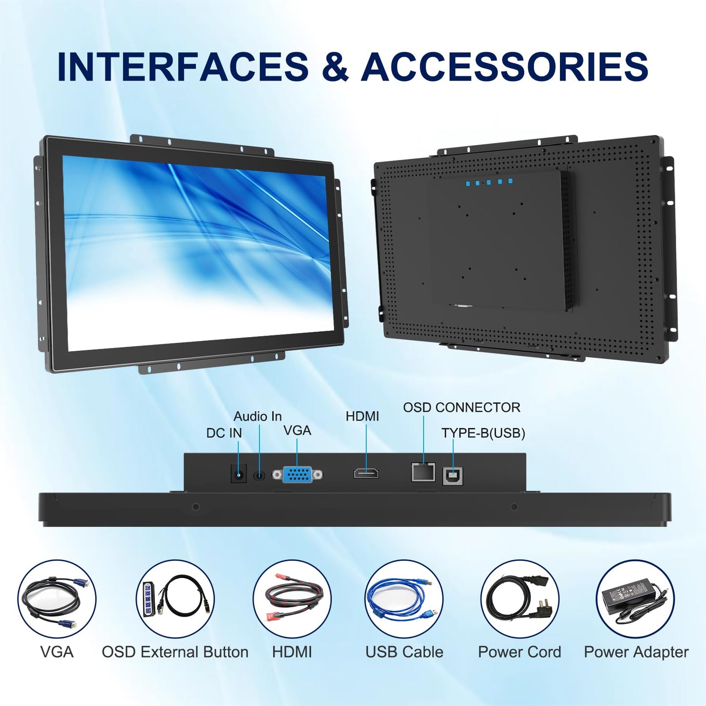 Bosunre 18.5 Inch Multi-Touch Industrial Touch Screen Monitor, 1366x768 IP65 Waterproof IK08 Impact-Resistant Display with HD-MI, VGA Port, Open Frame Touch Monitor 16:9 Black
