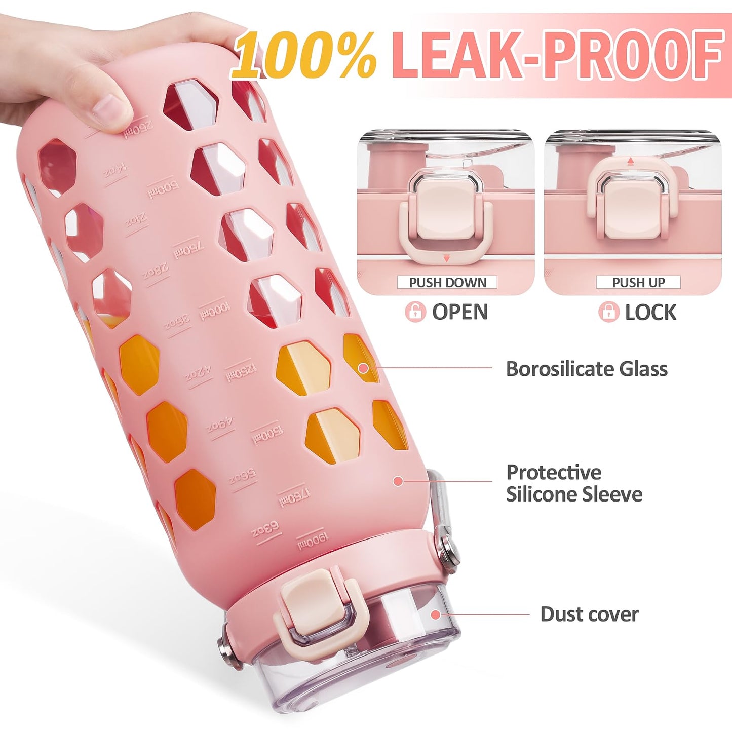 MUKOKO 64oz Glass Water Bottles with Straw and Lid,Half Gallon Water Bottle with Time Marker,Large Glass Water Jug with Silicone Sleeve and Stainless Steel Handle-Pink