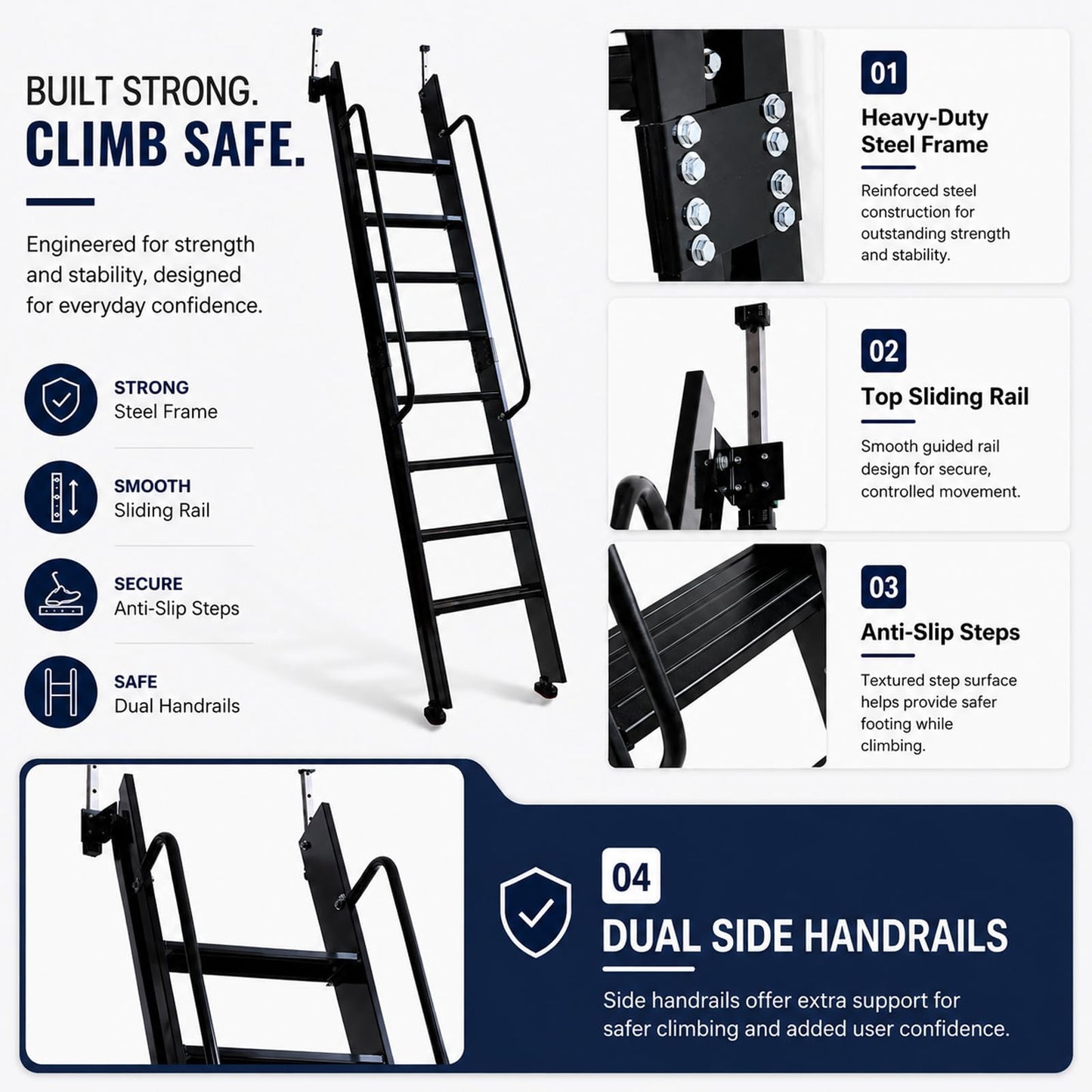 8.2FT Industrial Style Loft Ladder, with Double Handrails, 8 Steps Library Ladder, 1100LBS Capacity, Carbon Steel Attic Loft Stairs, Wall Mounted Loft Ladder for Home Library Warehouse