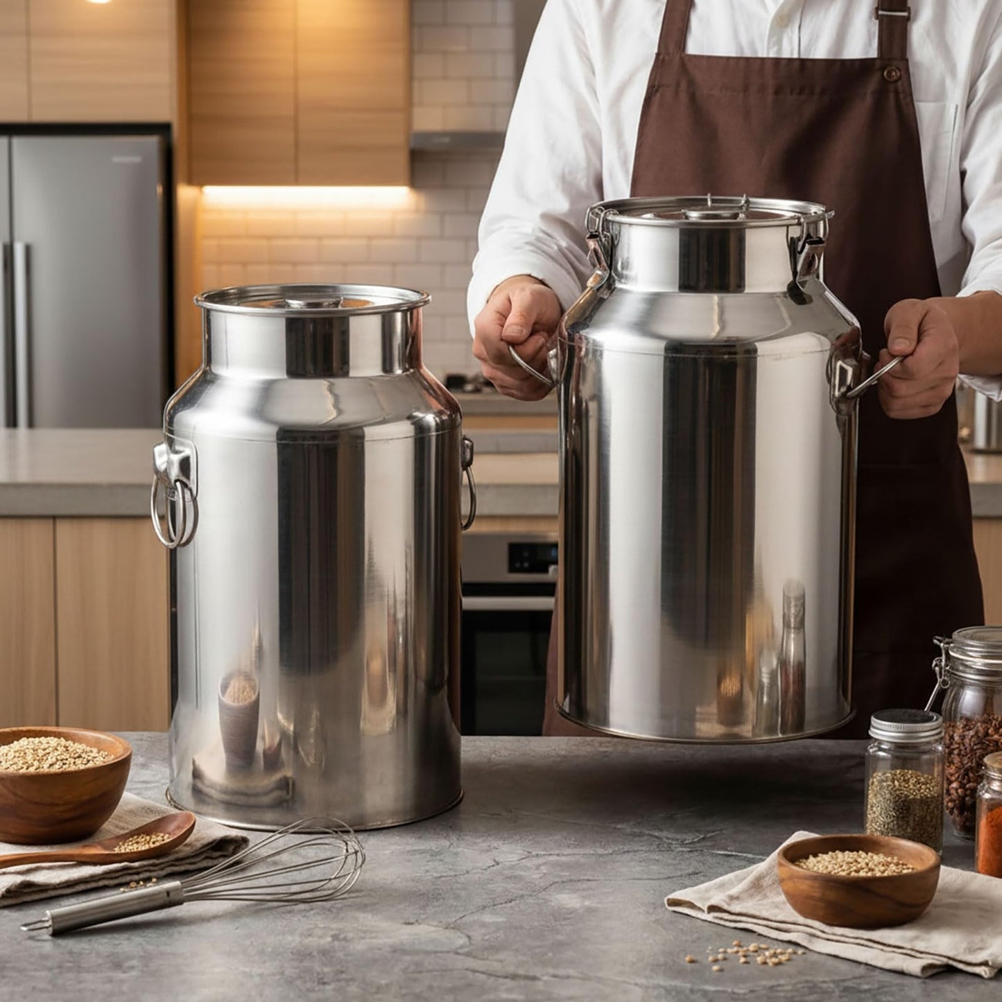 FillTouch 2 Pcs Stainless Steel Milk Can 35L/ 9.25 Gallon Heavy Duty Metal Milk Dispenser Container Pail Water Jug with Locking Sealed Lid Food Wine Oil Storage Container for Home Farm Kitchen