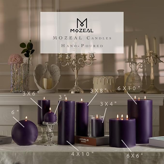 MOZEAL 3" x 4" Hand-Poured Unscented Candle,Dripless Pillar Candle Set of 3,Long Clean Burning,Approx 72 Hours Burn Time,Rustic Country Style,Wedding,Dinner,Christmas and Home Decor,Dark Purple