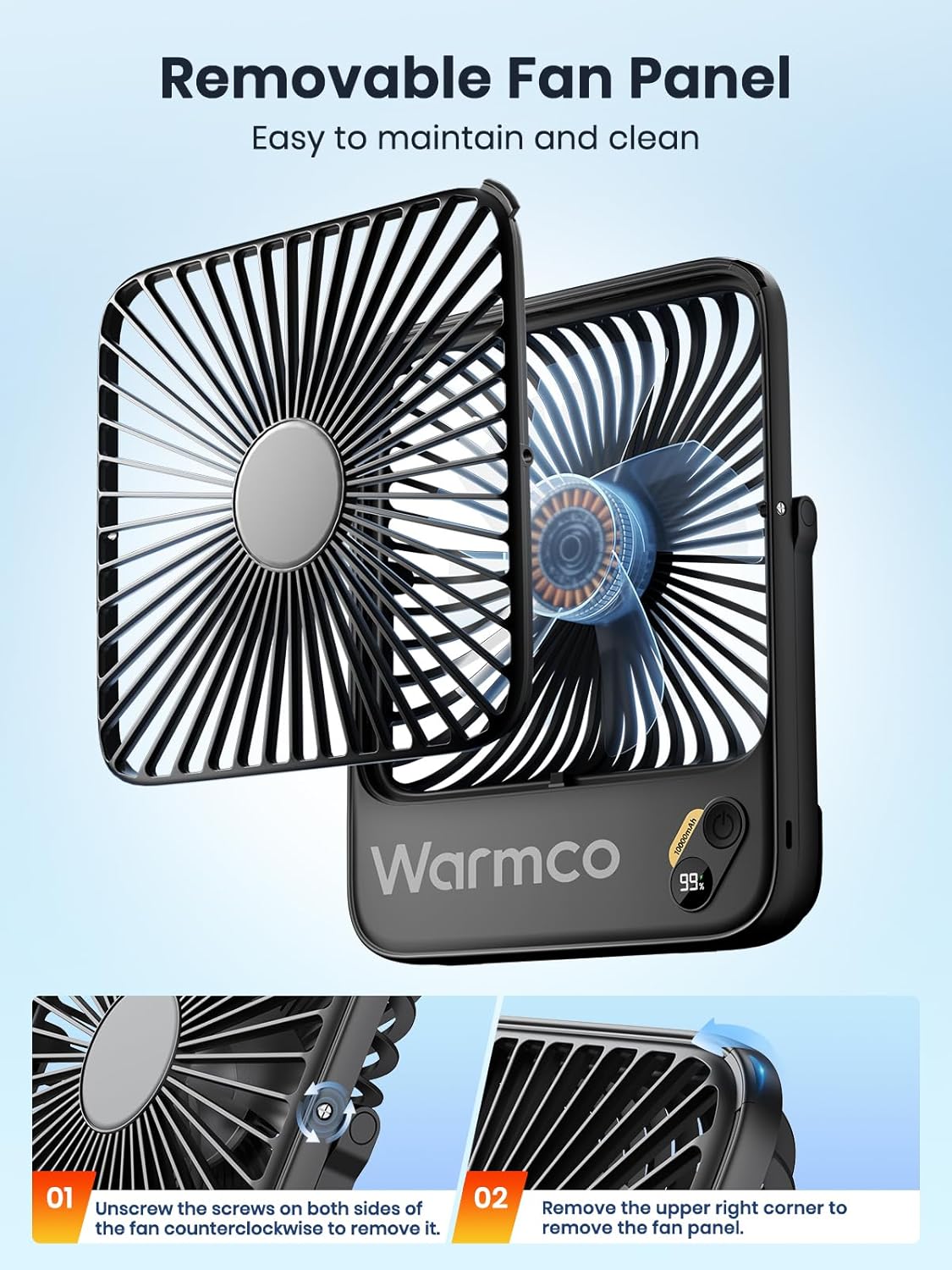 Warmco 10000mAh Portable Travel Fan - 7-Inch Ultra-Thin, Quiet & Rechargeable with 24H Runtime | Ideal for Camping, Office & Bedroom
