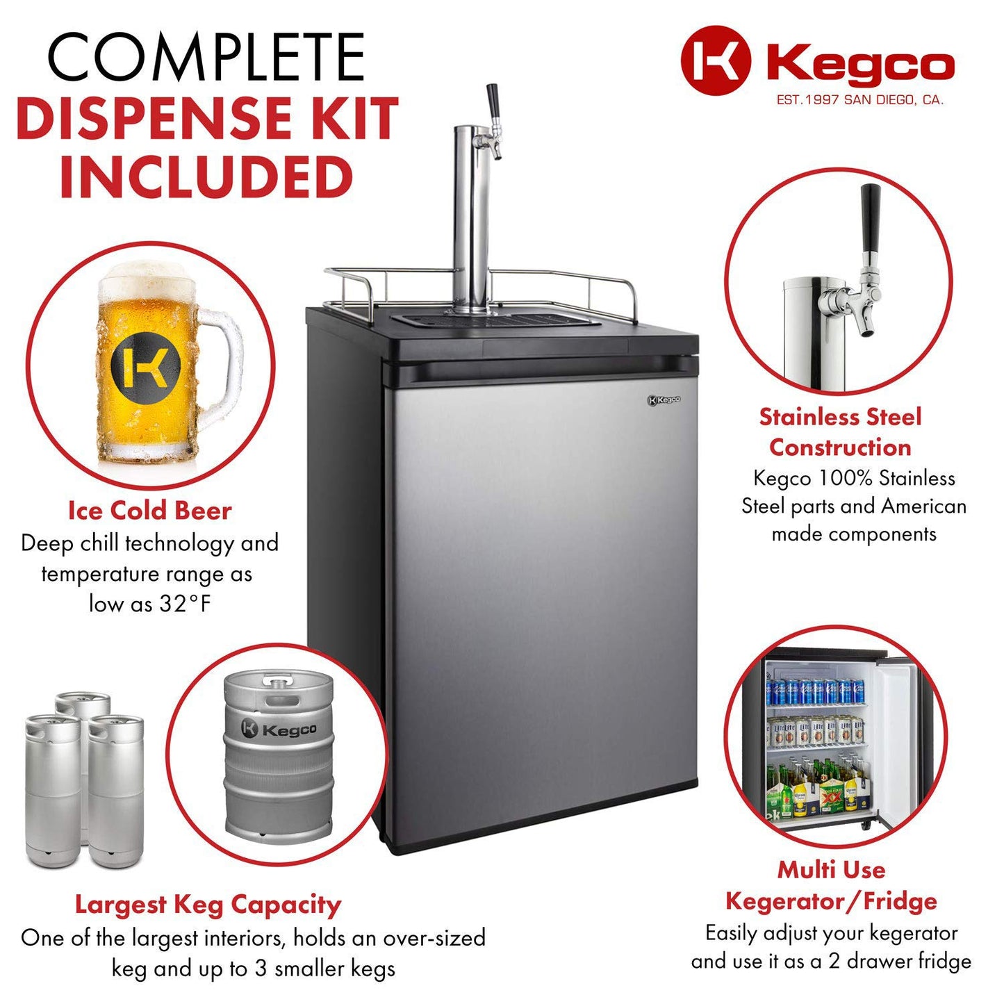 Kegco Kegerator Full Size Keg Refrigerator - Single Faucet - D System, Stainless Steel