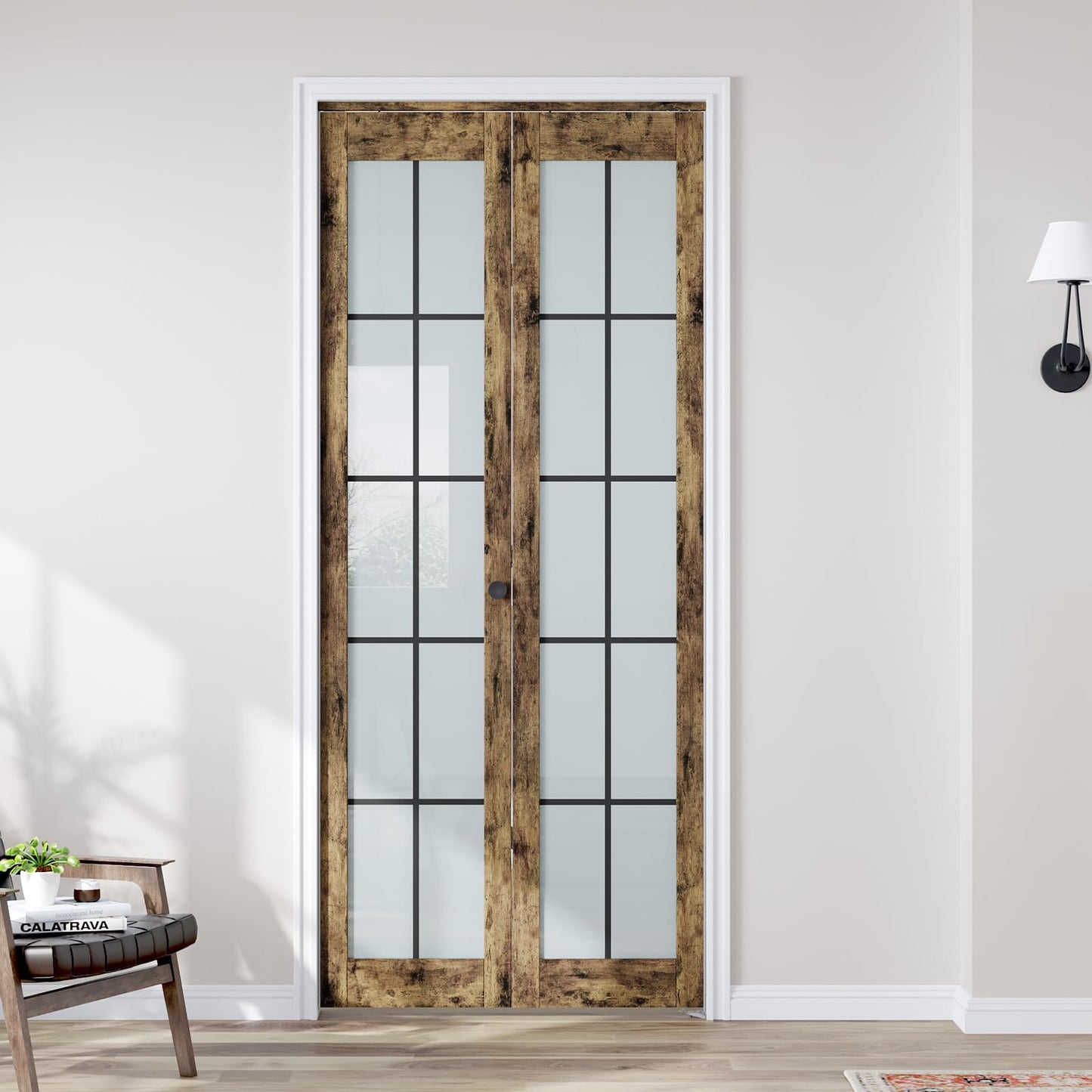 CEAKIAN Preassembled Bifold Closet Doors for 36" X 80" Opening, Country Style,Space Saving, Tempered Frosted Glass with Black Cross Grid, Bi folding Barn Door with Concealed Hardware Kit, Easy Install