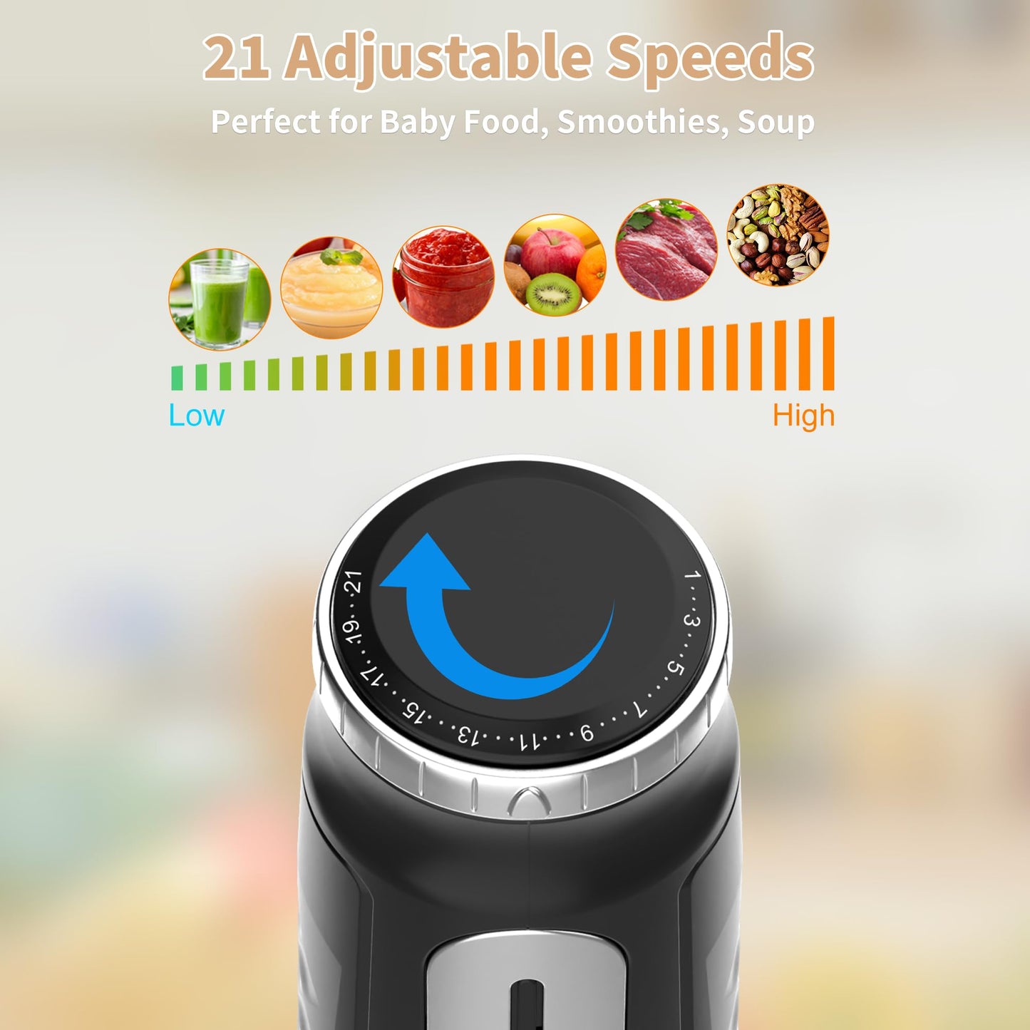 Toogel Cordless Immersion Blender, 3-in-1 Electric Hand Blender with 21-Speed & 3-Angle Adjust, USB Rechargeable, BPA-Free & Dishwasher Safe for Baby Food, Smoothies, Soup (Black)
