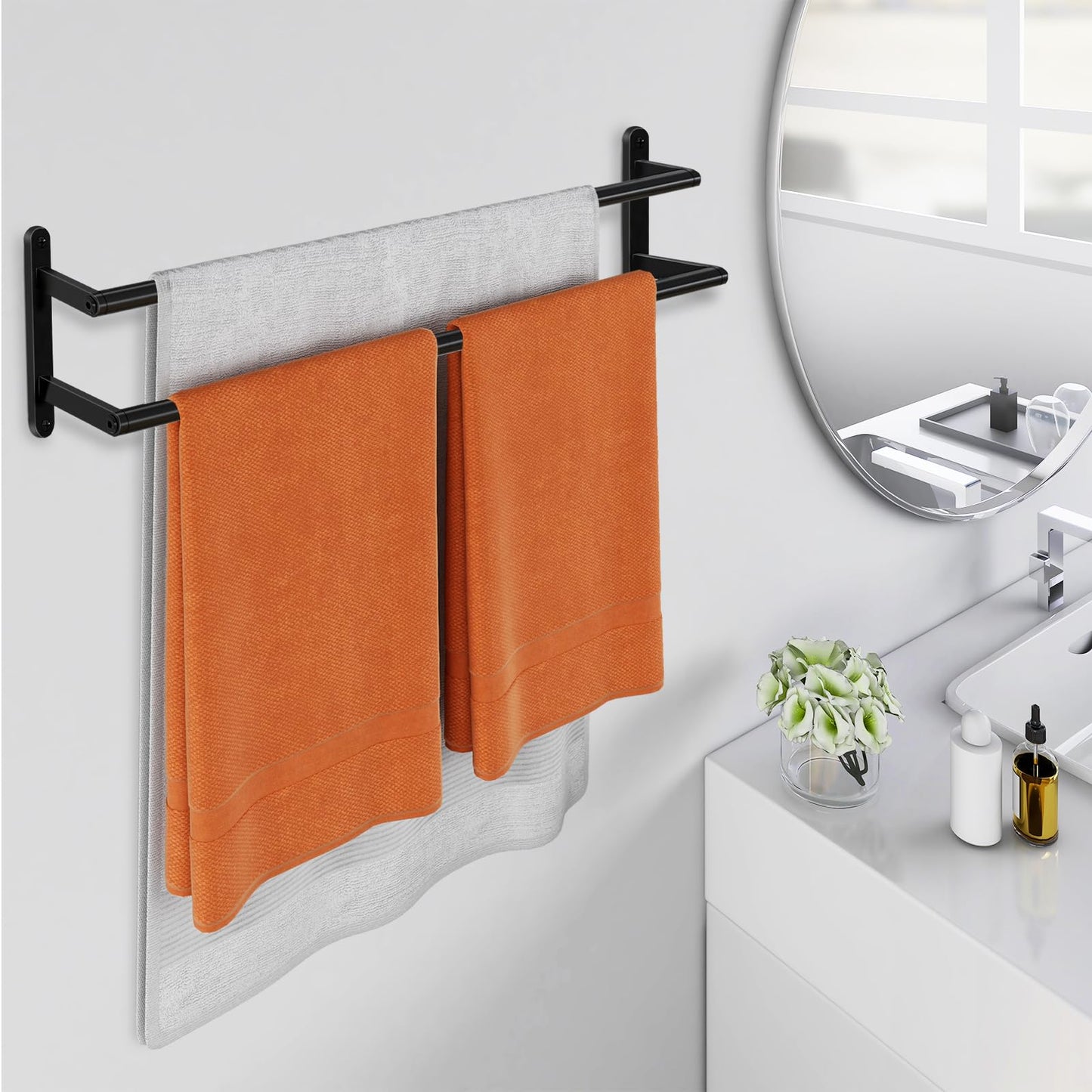 JIAPAIDUO Double Towel Bar, 24Inch Towel Rack for Bathroom, Stainless Steel Double Bath Towel Bar, Wall Mounted Towel Holder, Double Towel Rod Towel Rail Hanger for Wall, Kitchen (Matte Black)