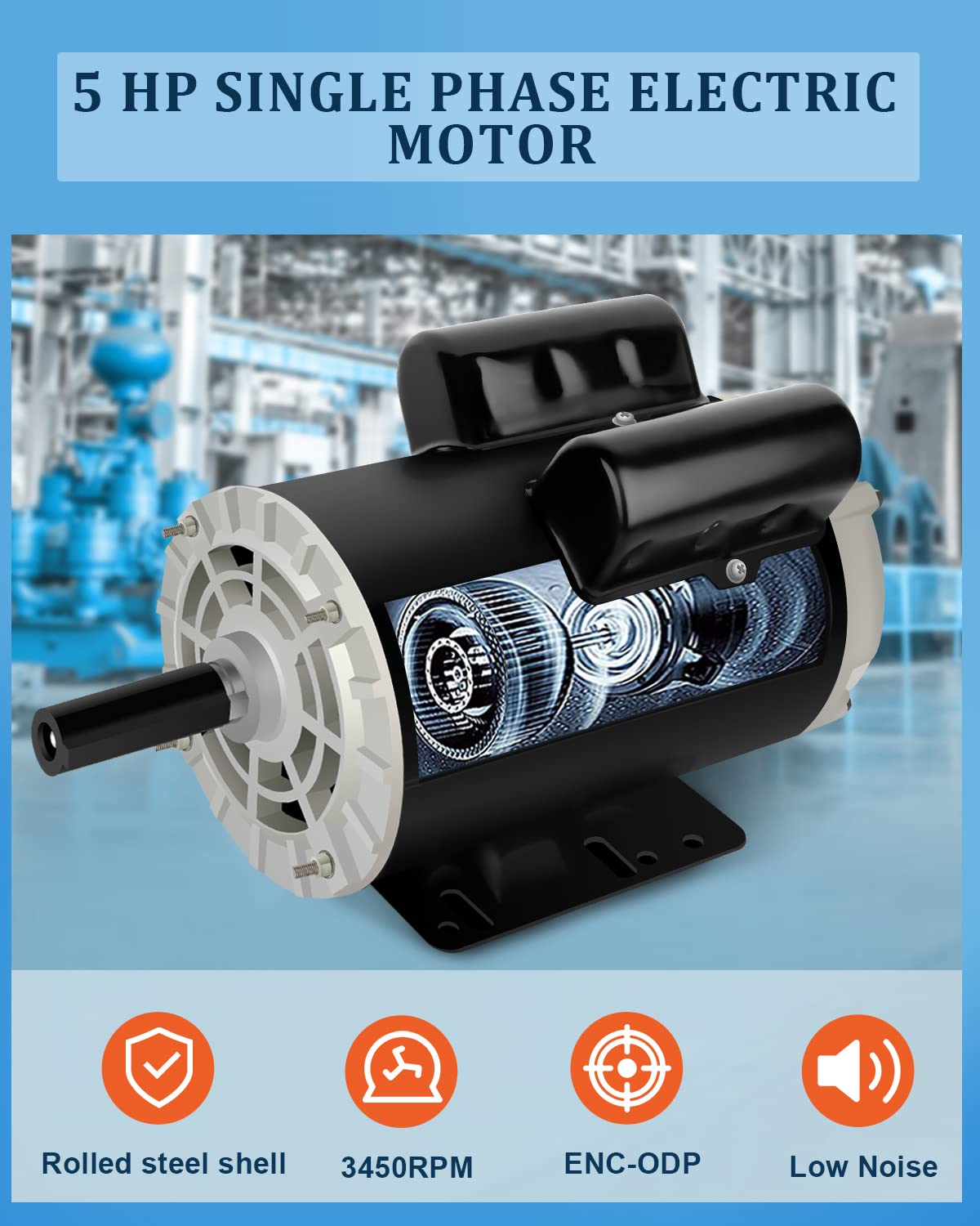 5 HP Air Compressor Motor Single Phase Electric Motor, 7/8" Shaft Diameter, CCW 60HZ, 3450RPM, 208V-230V