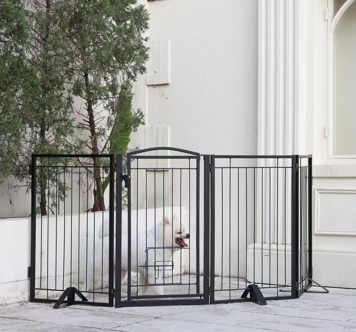 Full Metal Freestanding Dog Gate with Cat Door for Indoor & Outdoor,32" Tall Foldable Dog Fence,80" Extra Wide Freestanding Pet Gate for Large Openings,Stairs,Deck,Yard,Doorways(4 Panels,Black)