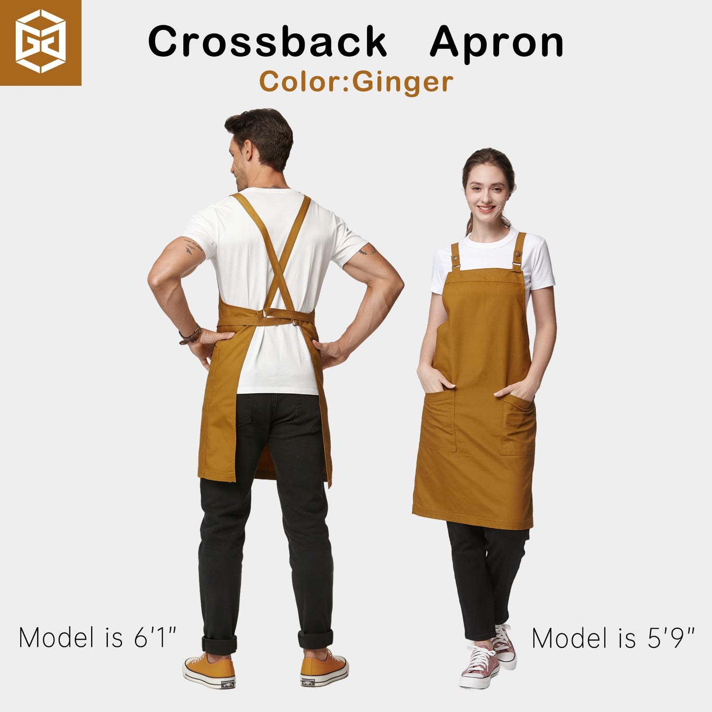 Guolamy Unisex Kitchen Apron, Cross Strap Apron with 2 Pockets, Durable Waterproof Professional Apron 4251JC(Ginger, 1 Pack)