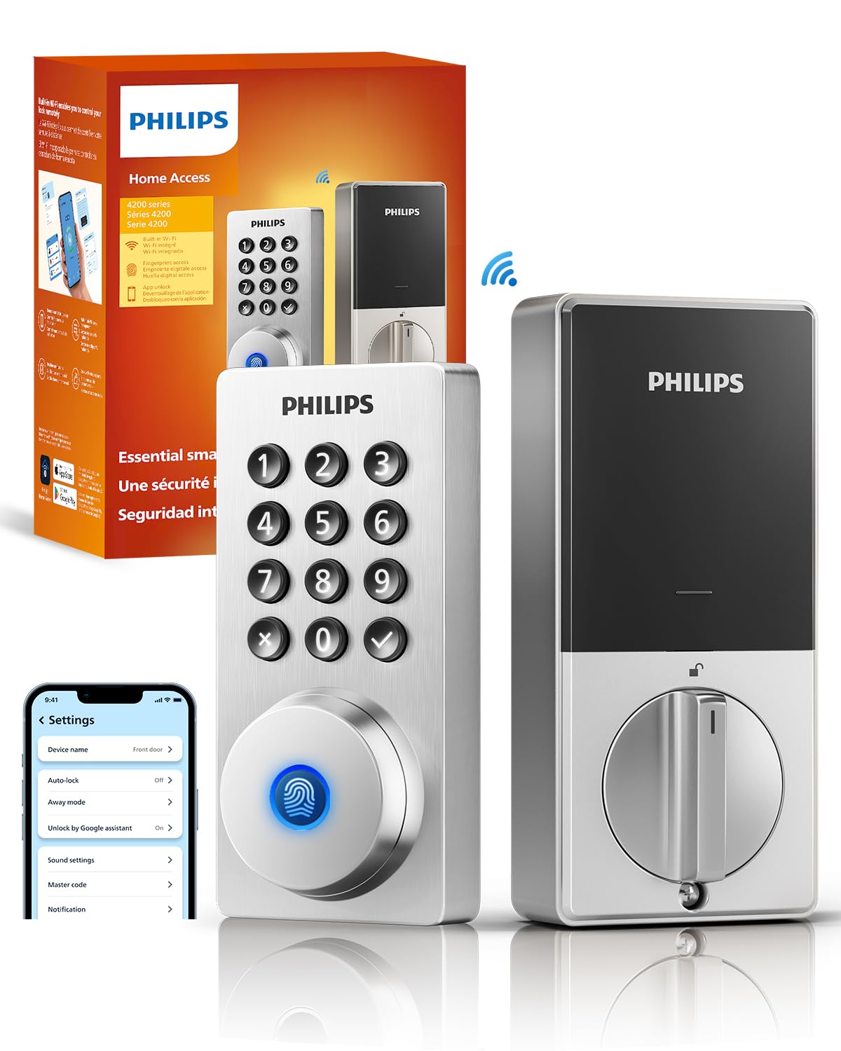 Philips Wi-Fi Door Lock, WiFi Smart Lock Keyless Entry Deadbolt for Front Door, Remote Control, Built-in WiFi, APP Fingerprint Passcode Unlock, Auto Locking