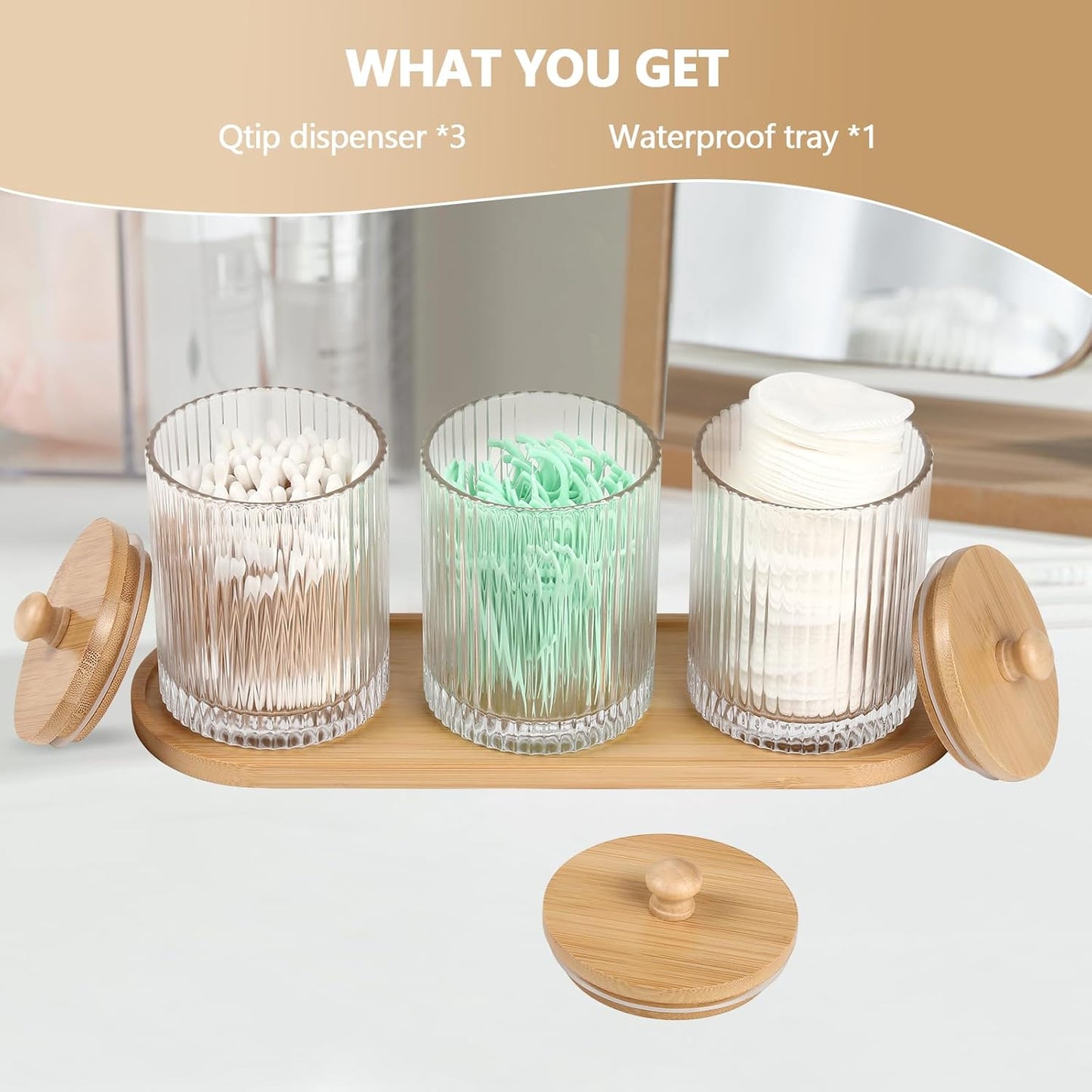 Skiennix 3-Pack Qtip Holder - Stylish Bathroom Organizers with Tray for Cotton Swabs & Balls