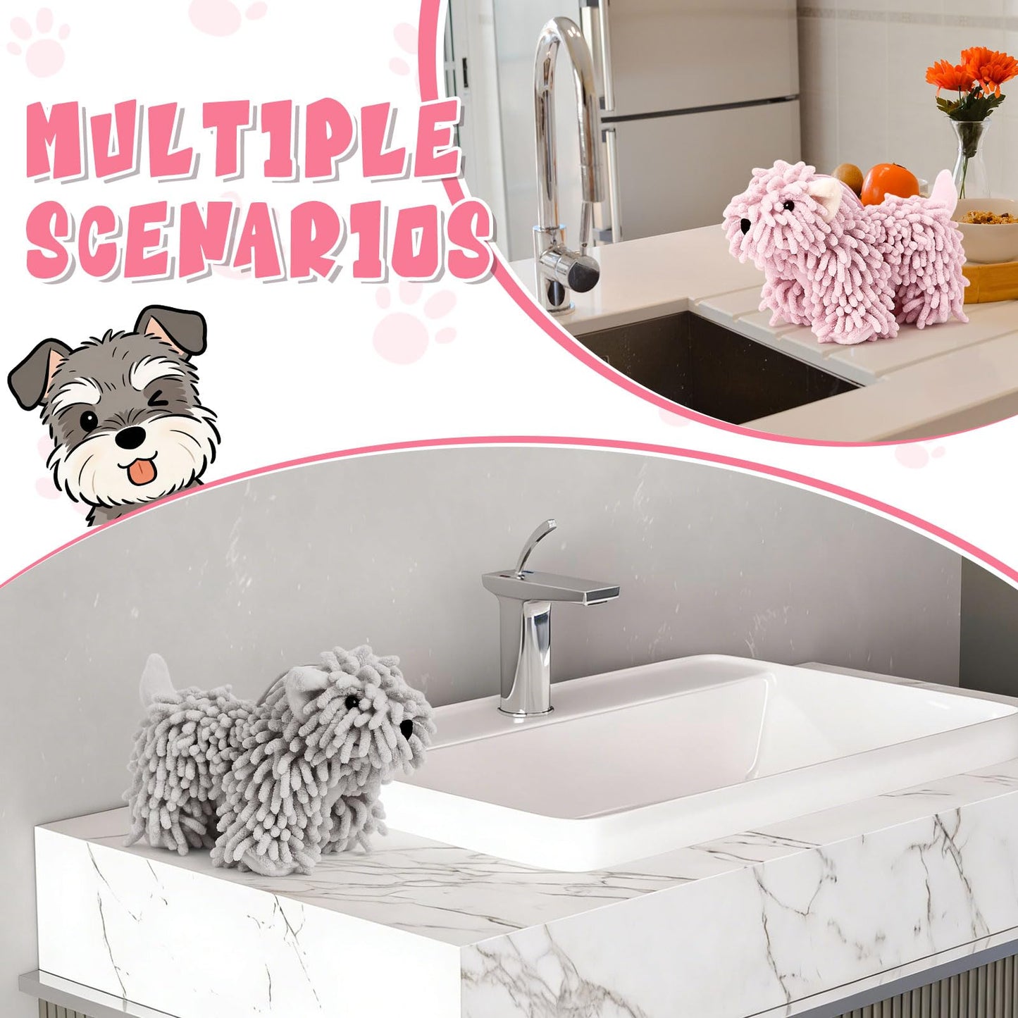 Tegeme 2 Pcs Chenille Dog Hand Towel Fuzzy Dog Towel Absorbent Microfiber Soft for Bathroom Kitchen Washstand (Grey Pink)