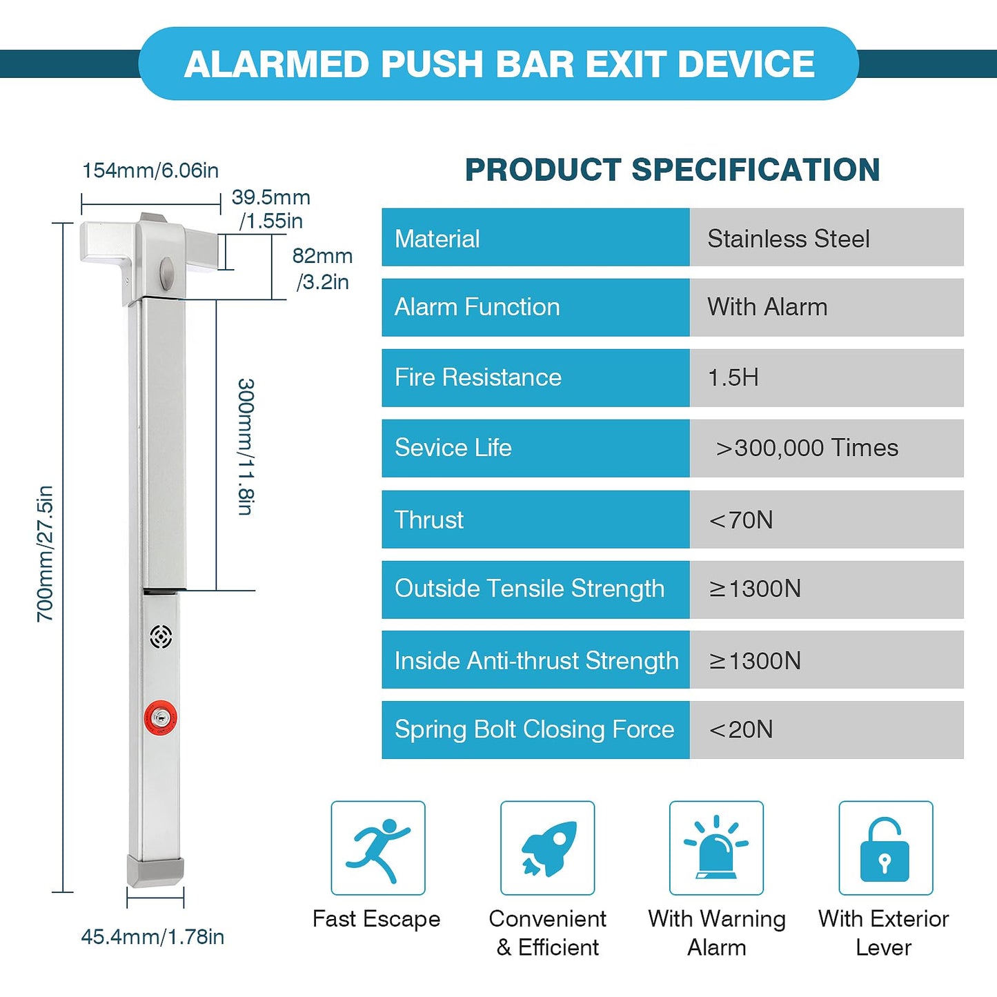 IRONWALLS 2 Packs Commercial Door Push Bar Panic Exit Device With Alarm, 27.5" Stainless Steel for Exit Doors, Emergency Hardware With Exterior Handle, Fit for 27"-41" Doors