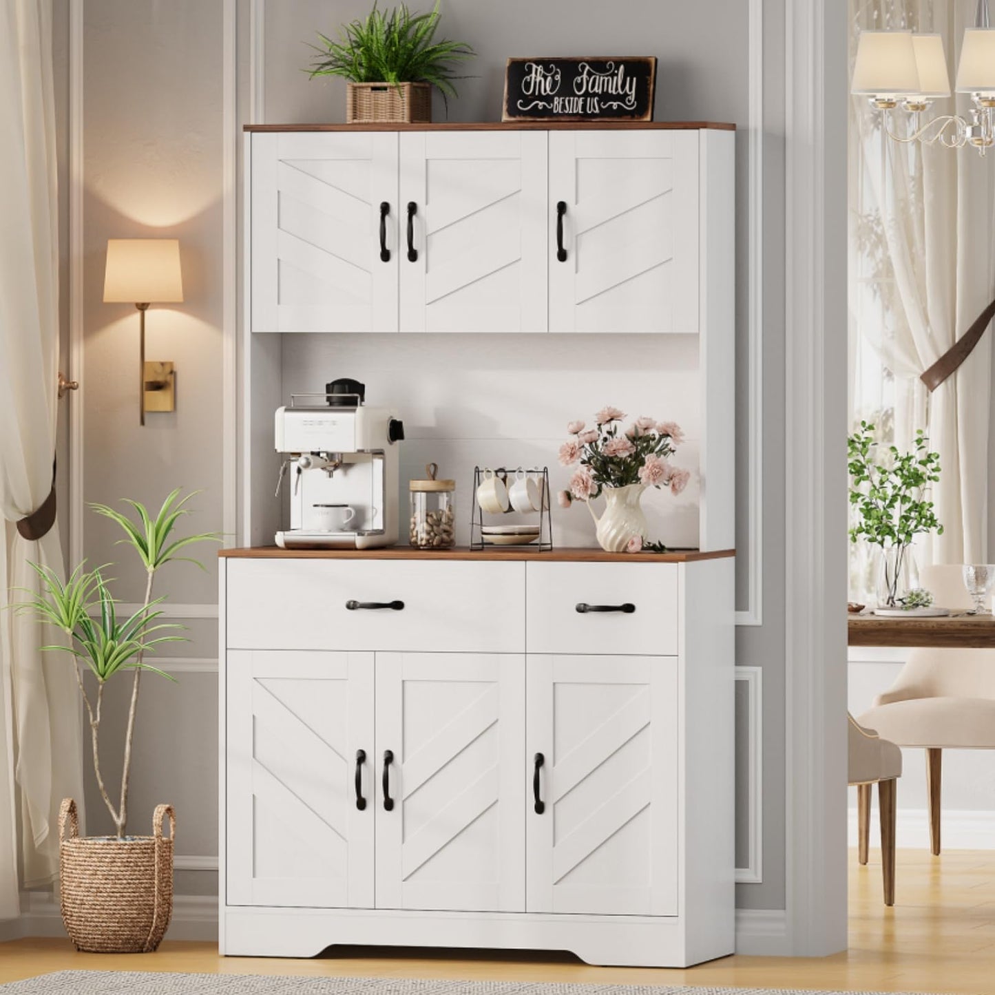 GarveeHome 71" Pantry Cabinet with Charging Station, Tall Kitchen Pantry Storage Cabinet with Microwave Stand, Farmhouse Kitchen Hutch with Countertop & 2 Drawers for Living Room, Dining Room, White