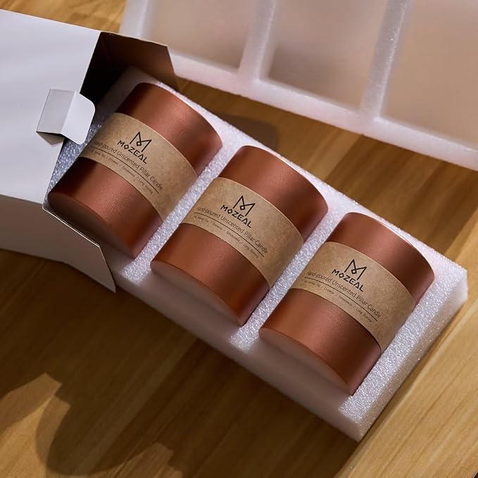 MOZEAL 3" x 4" Hand-Poured Unscented Candle, Dripless Pillar Candle Set of 3, Long Clean Burning, Approx 72 Hours Burn Time, Rustic Country Style, Wedding, Fall Harvest, Home Decor, Metallic Copper