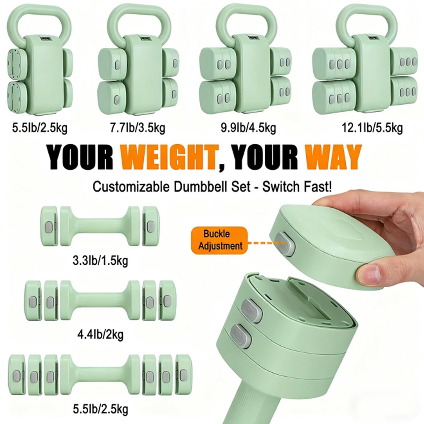 Adjustable Dumbbell Set, 4-in-1 Hand Weights Free Weights Set for Women, Fast Changing Dumbbells 2lb/3lb/4lb/5lb for Home Workout and Outdoor Fitness